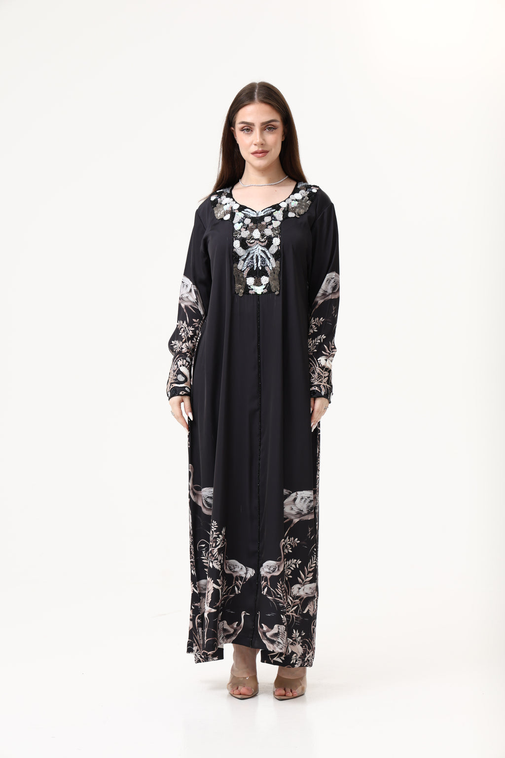 Swan printed Satin Hand Embroidery Jellabiya