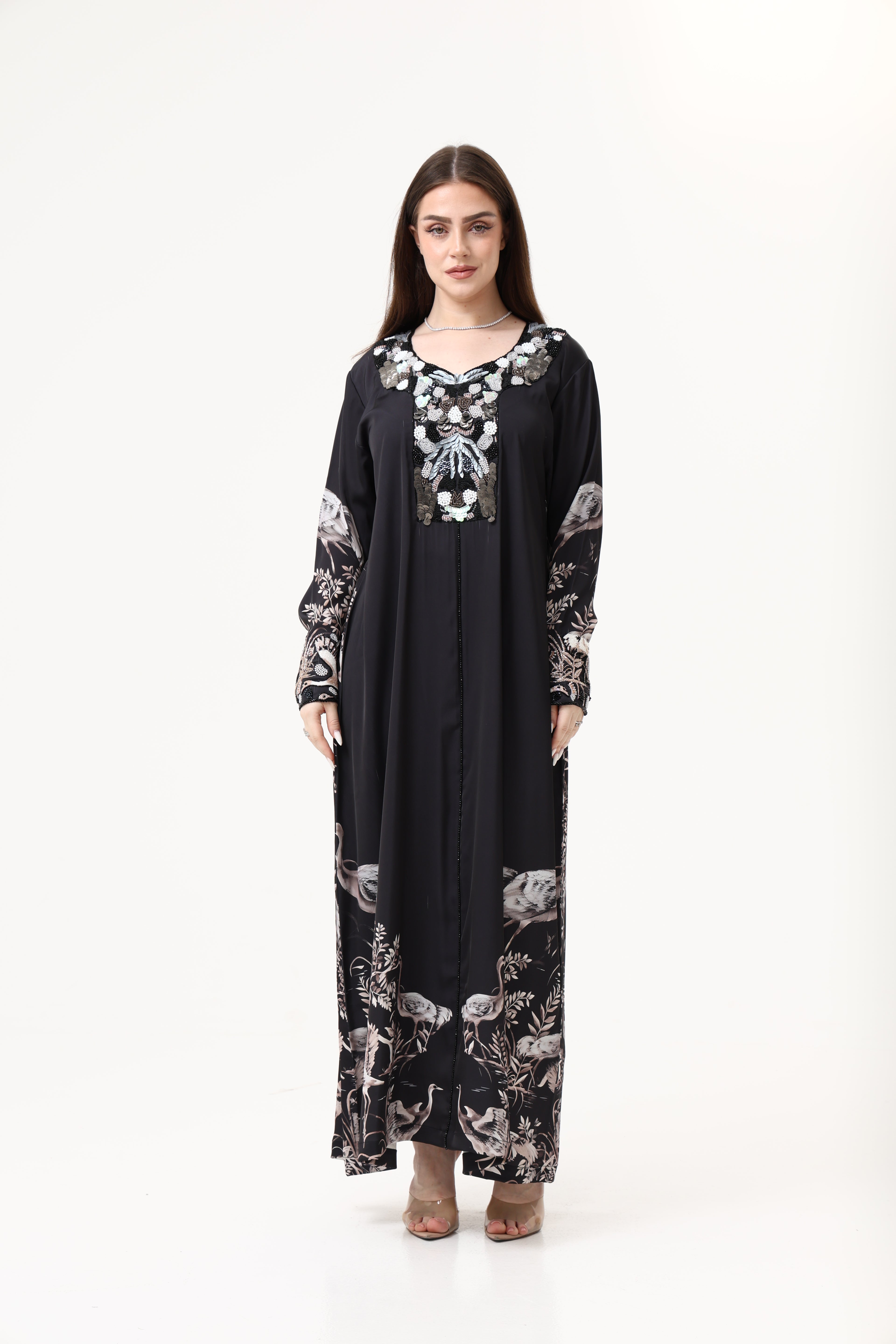 Swan printed Satin Hand Embroidery Jellabiya