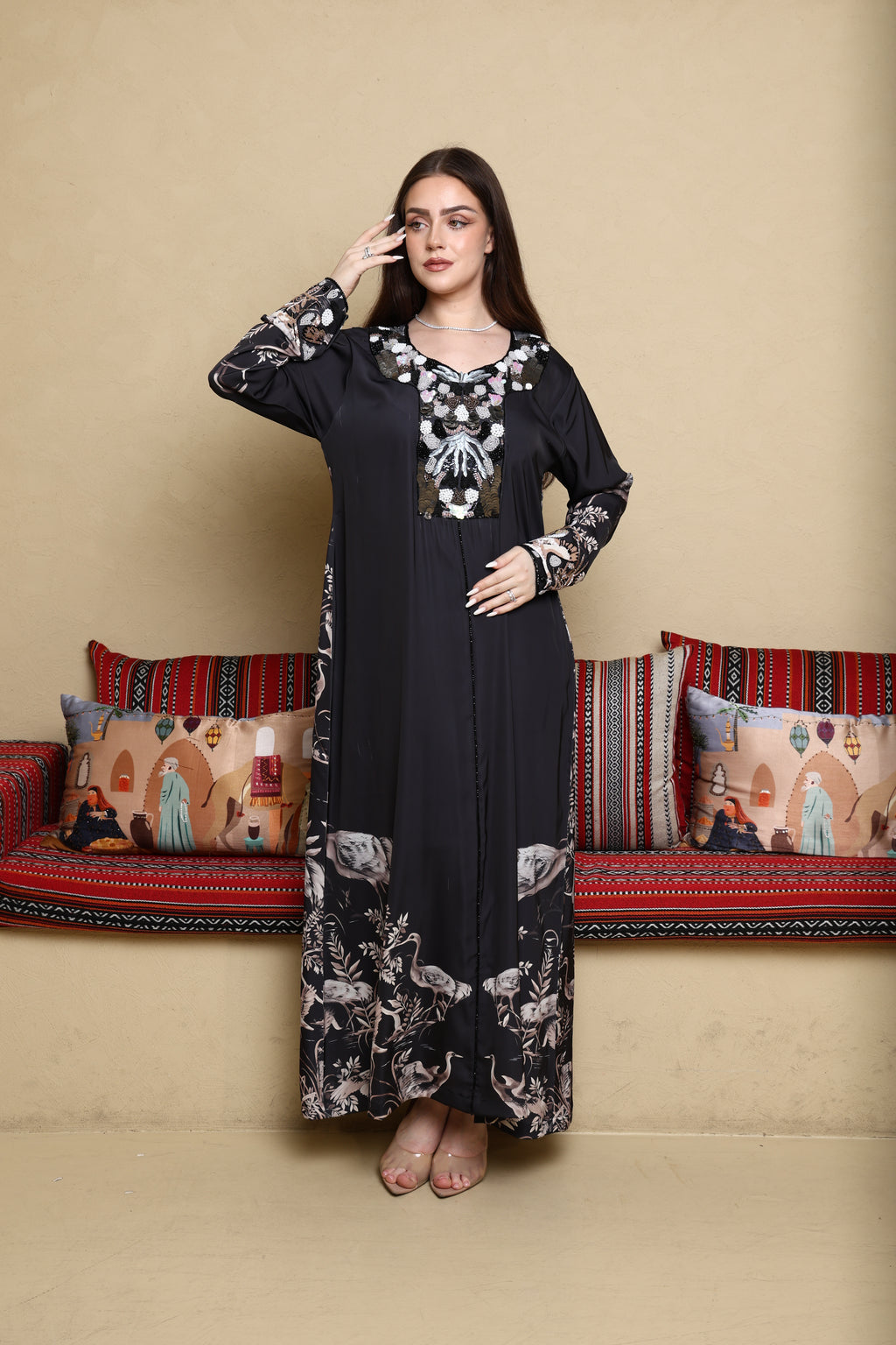 Swan printed Satin Hand Embroidery Jellabiya