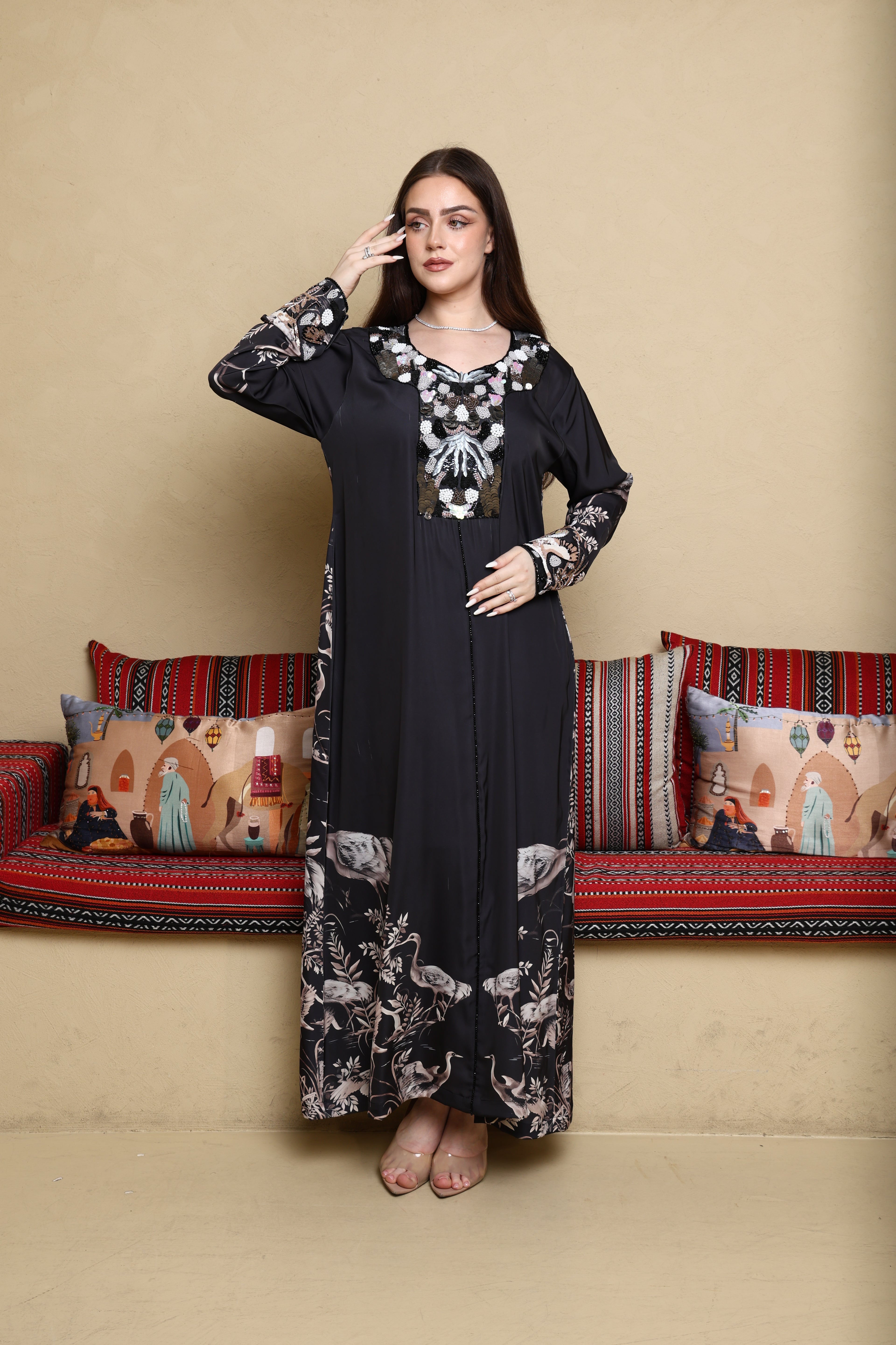 Swan printed Satin Hand Embroidery Jellabiya