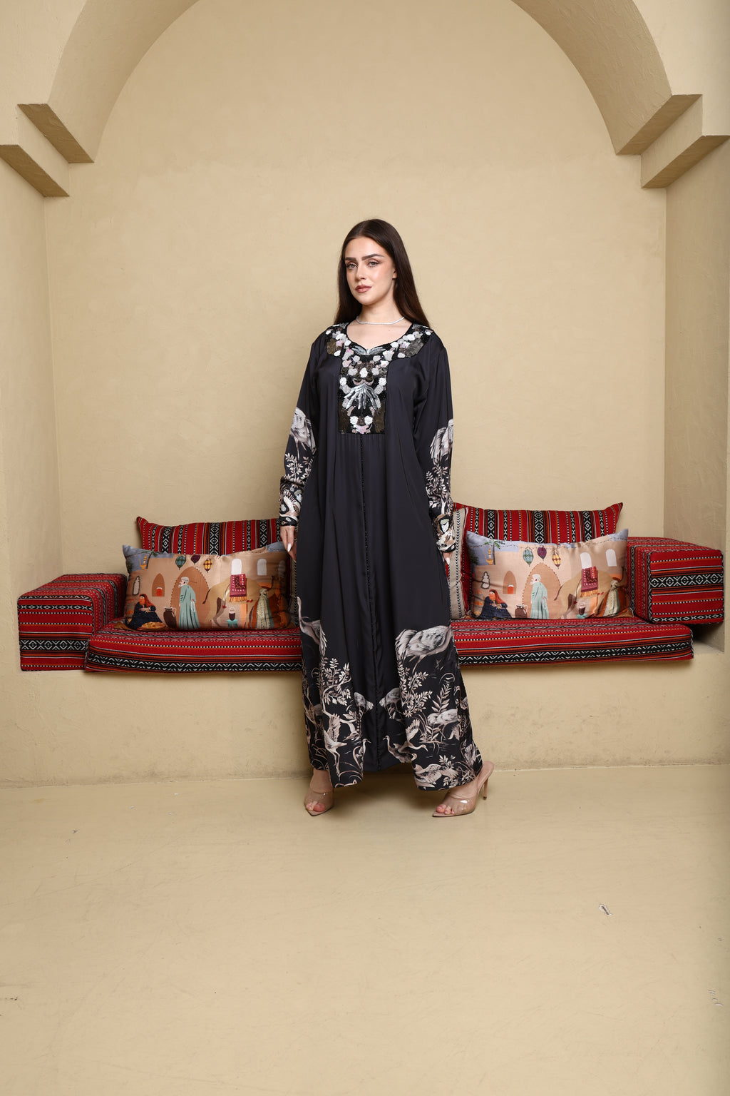 Swan printed Satin Hand Embroidery Jellabiya