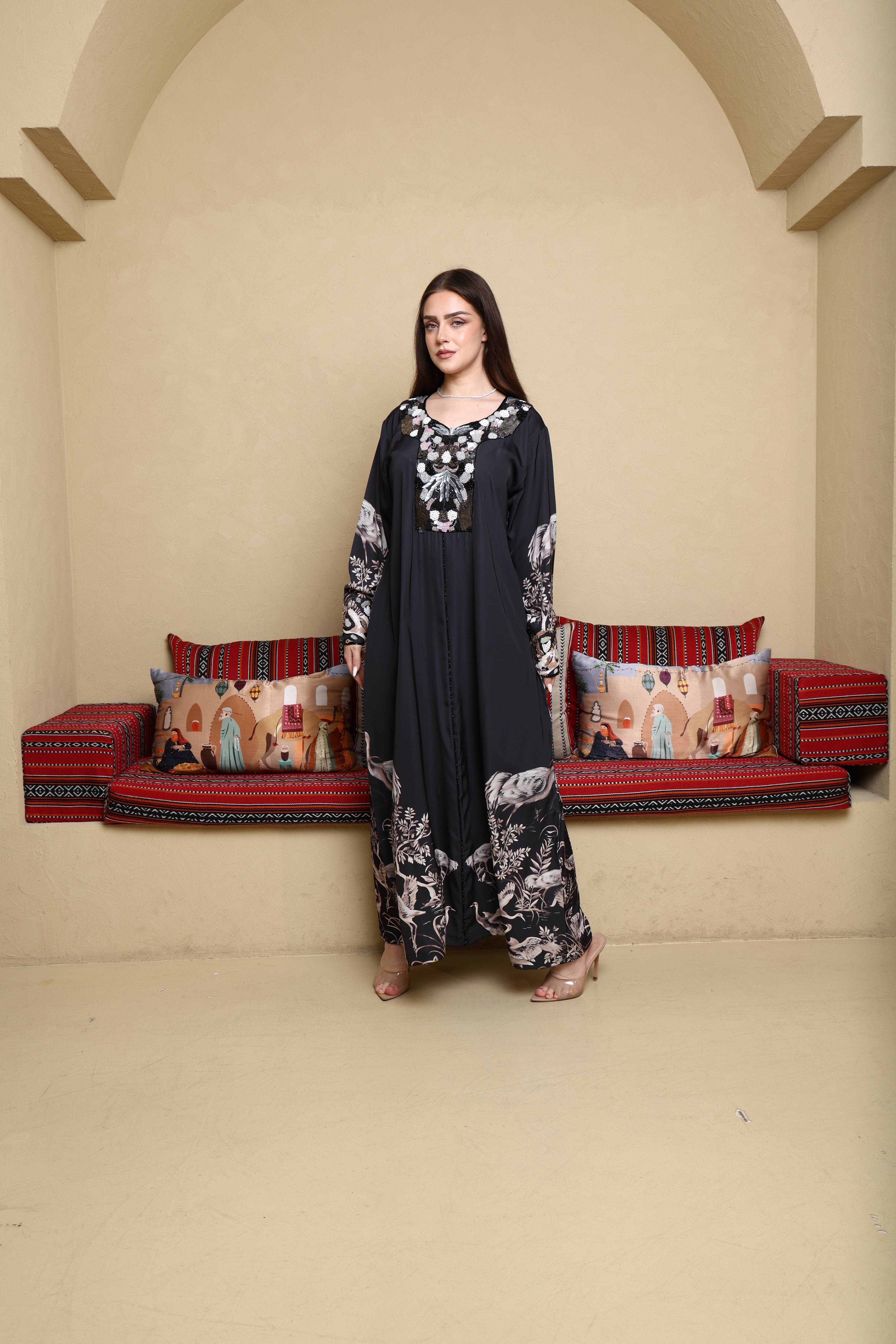 Swan printed Satin Hand Embroidery Jellabiya