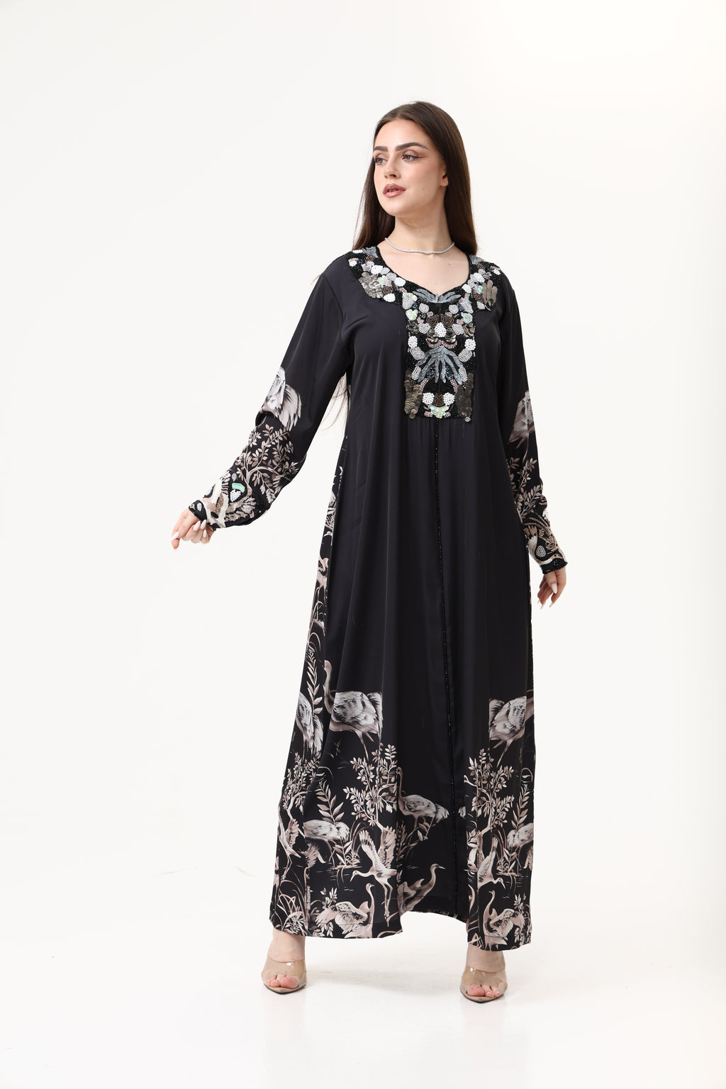Swan printed Satin Hand Embroidery Jellabiya