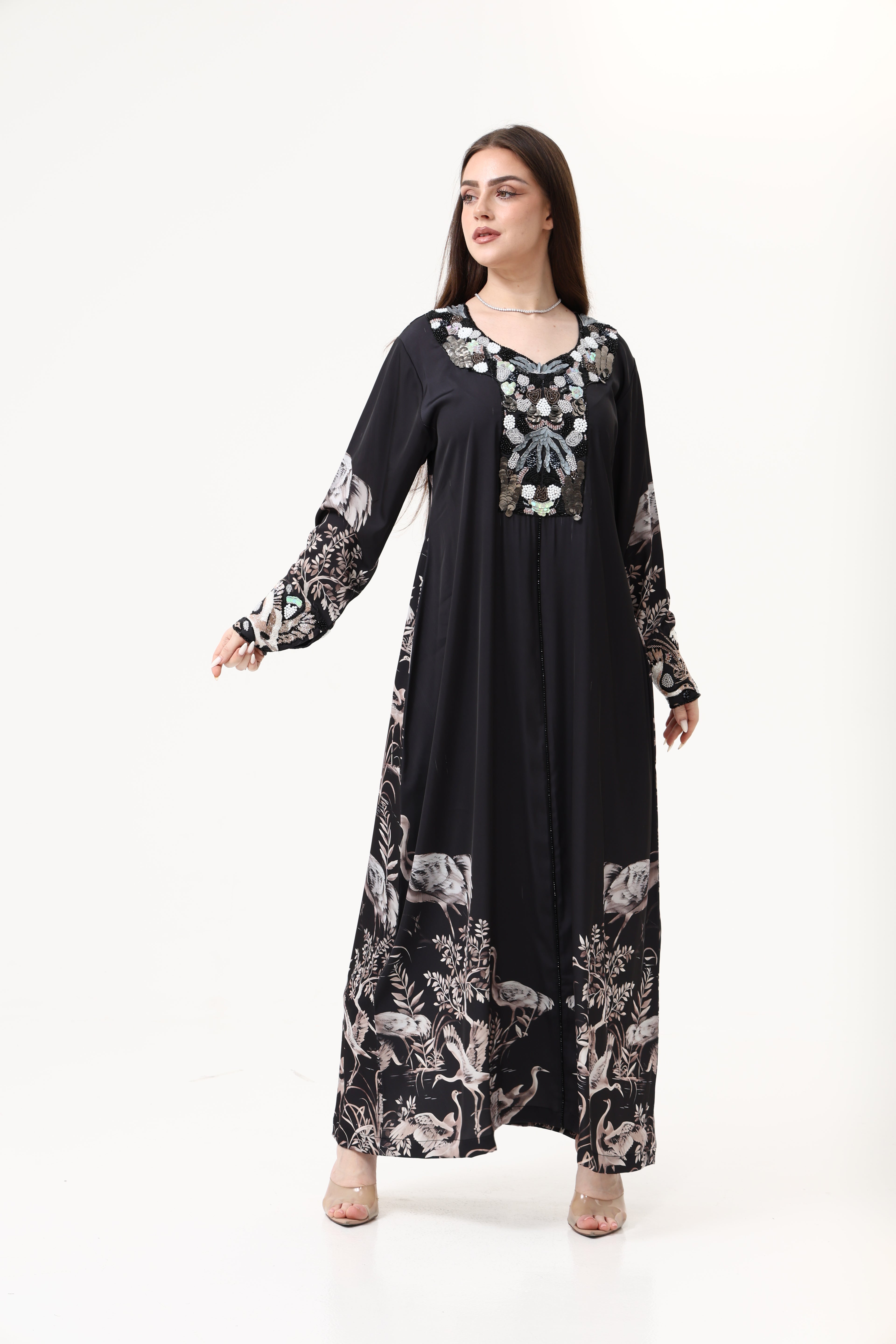 Swan printed Satin Hand Embroidery Jellabiya