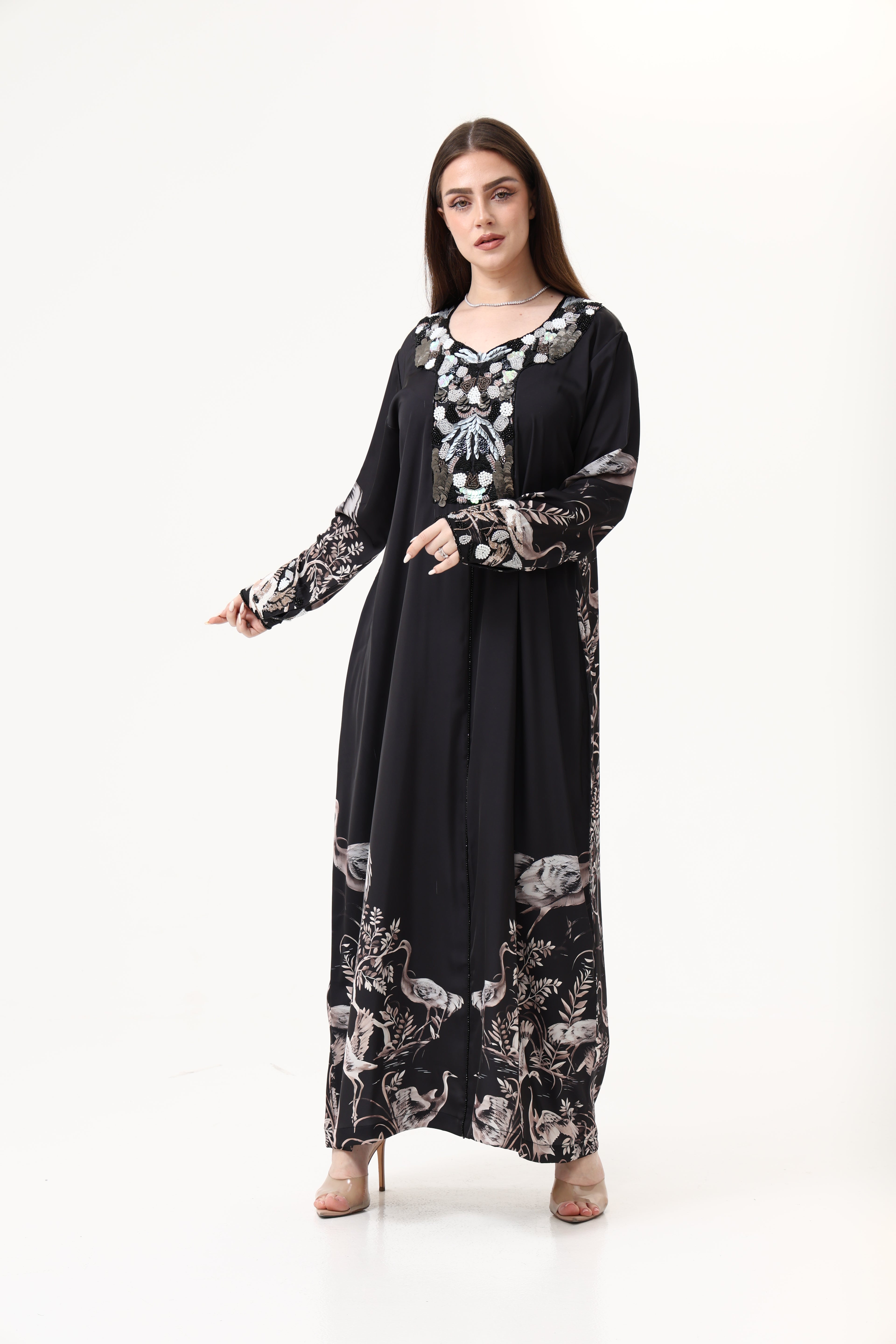 Swan printed Satin Hand Embroidery Jellabiya