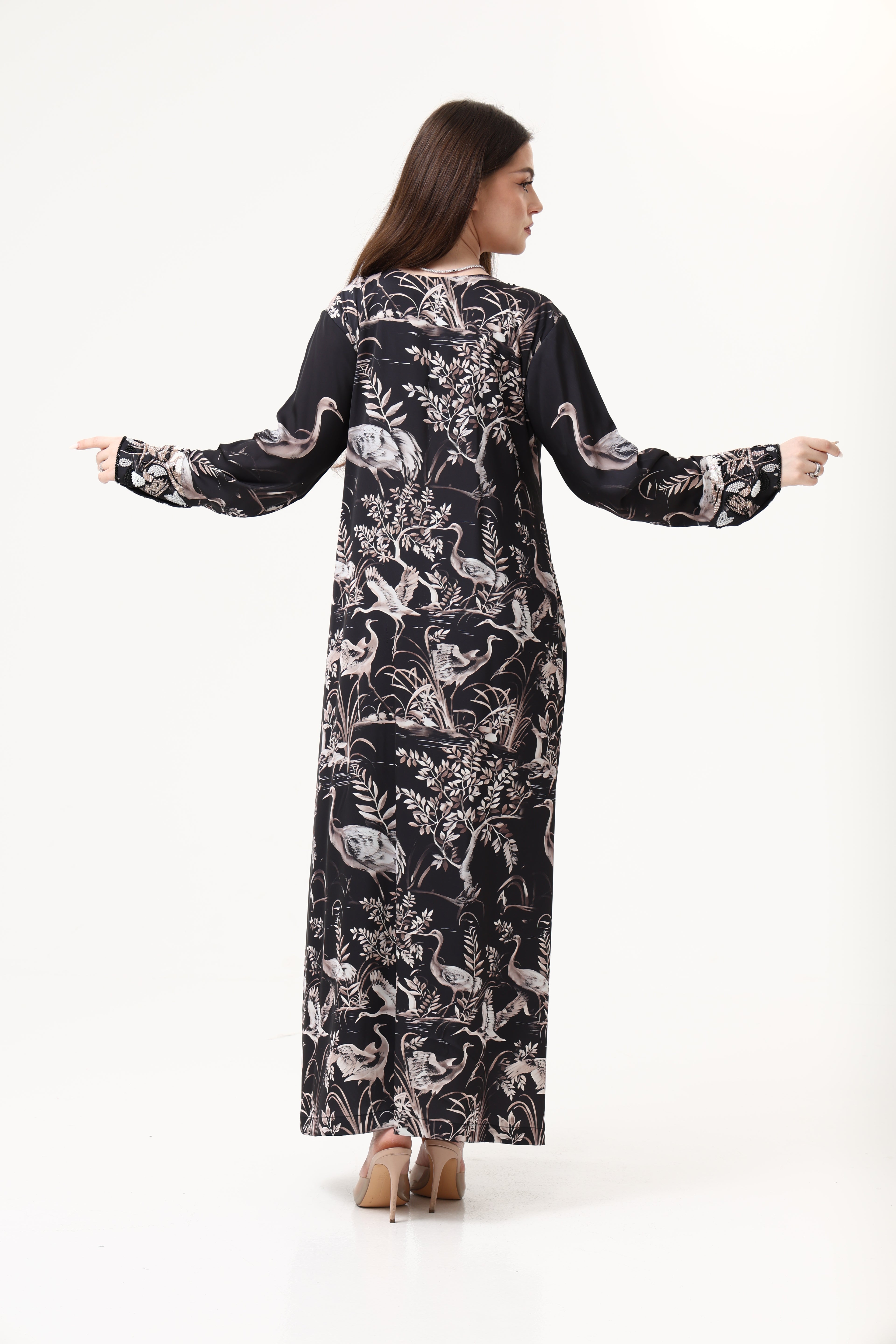 Swan printed Satin Hand Embroidery Jellabiya
