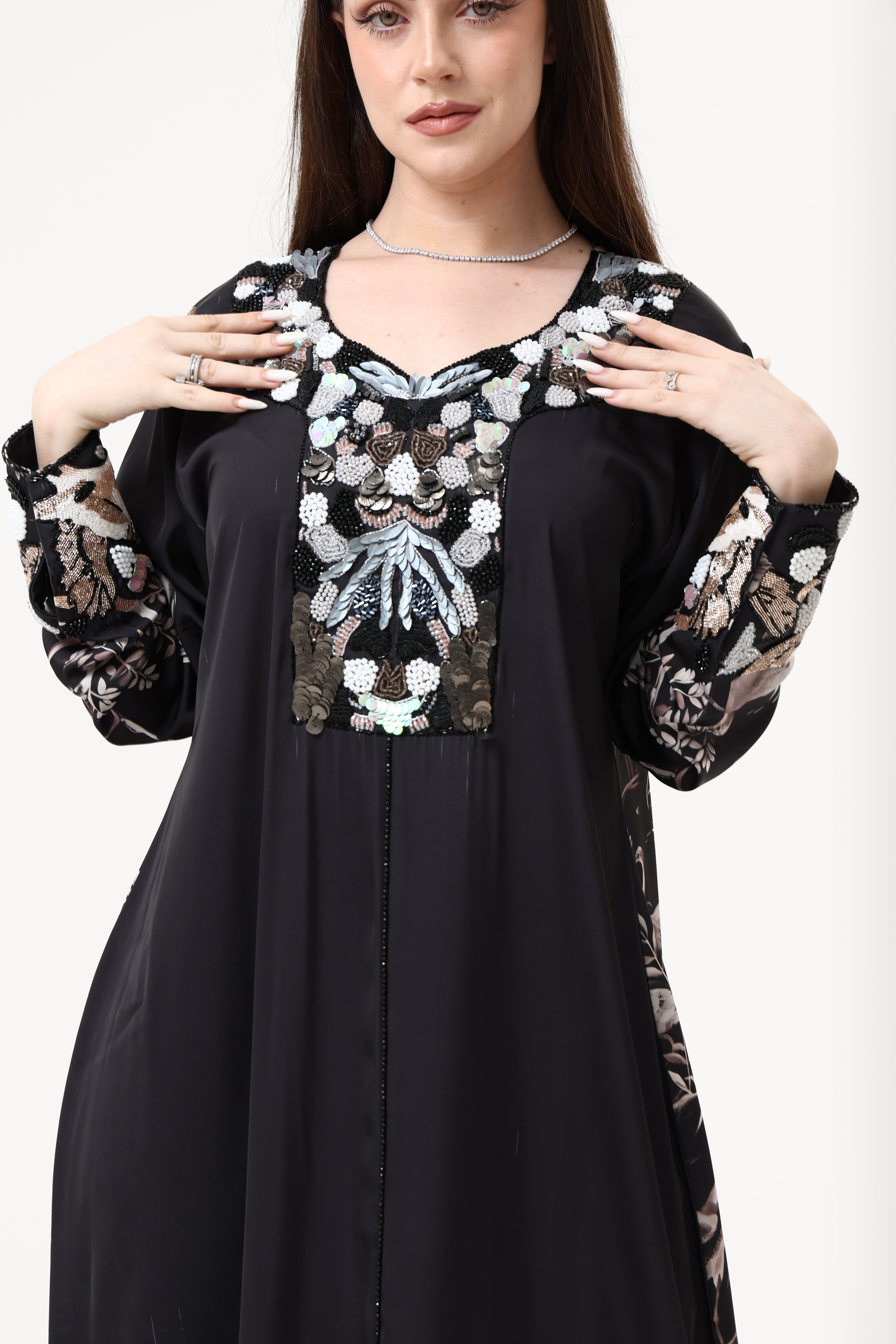 Swan printed Satin Hand Embroidery Jellabiya
