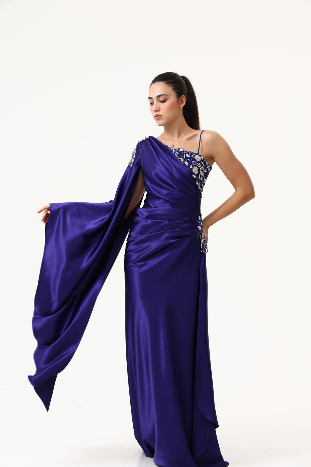 Blue Evening Multi Lyre Dress full length