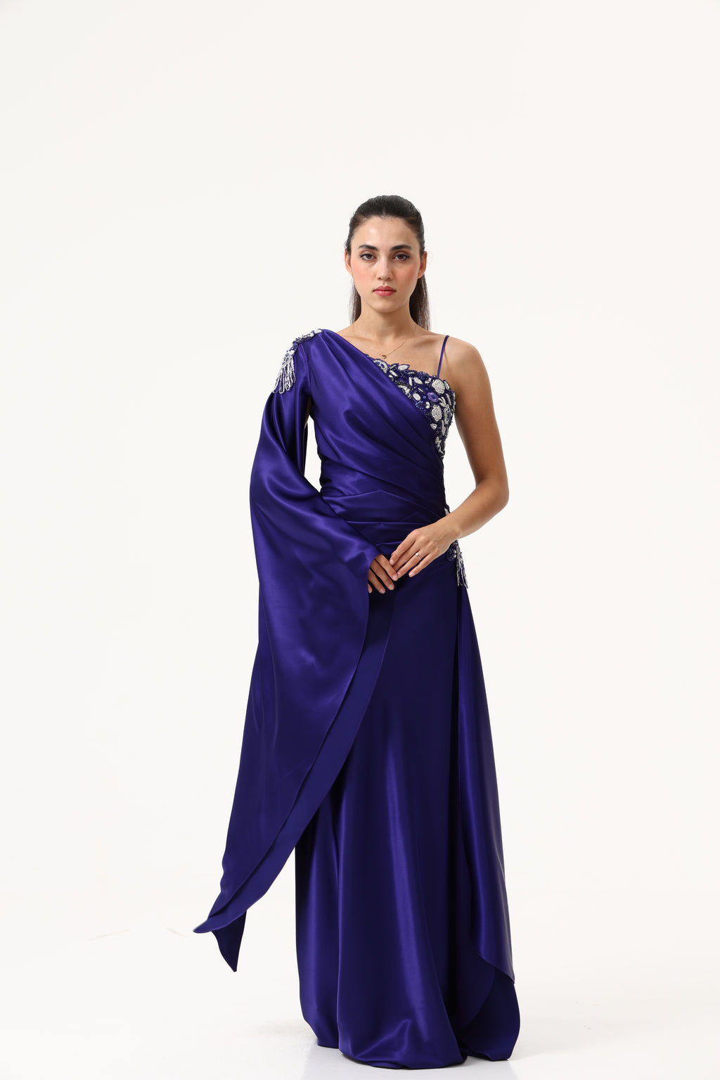 Blue Evening Multi Lyre Dress full length