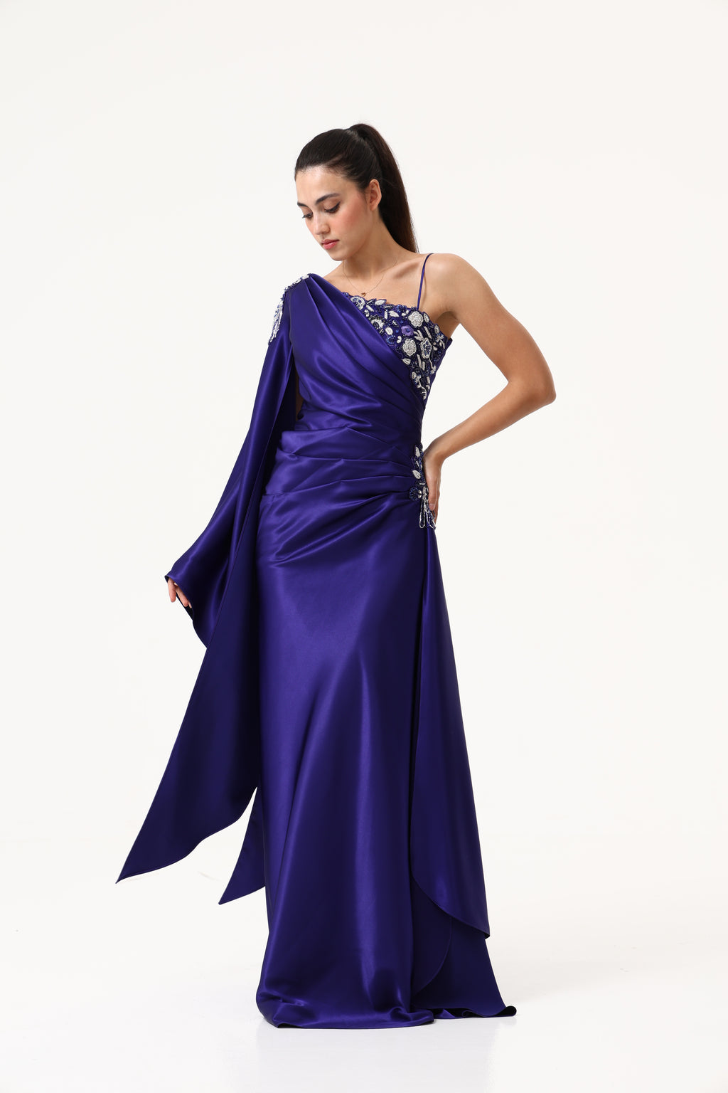 Blue Evening Multi Lyre Dress full length