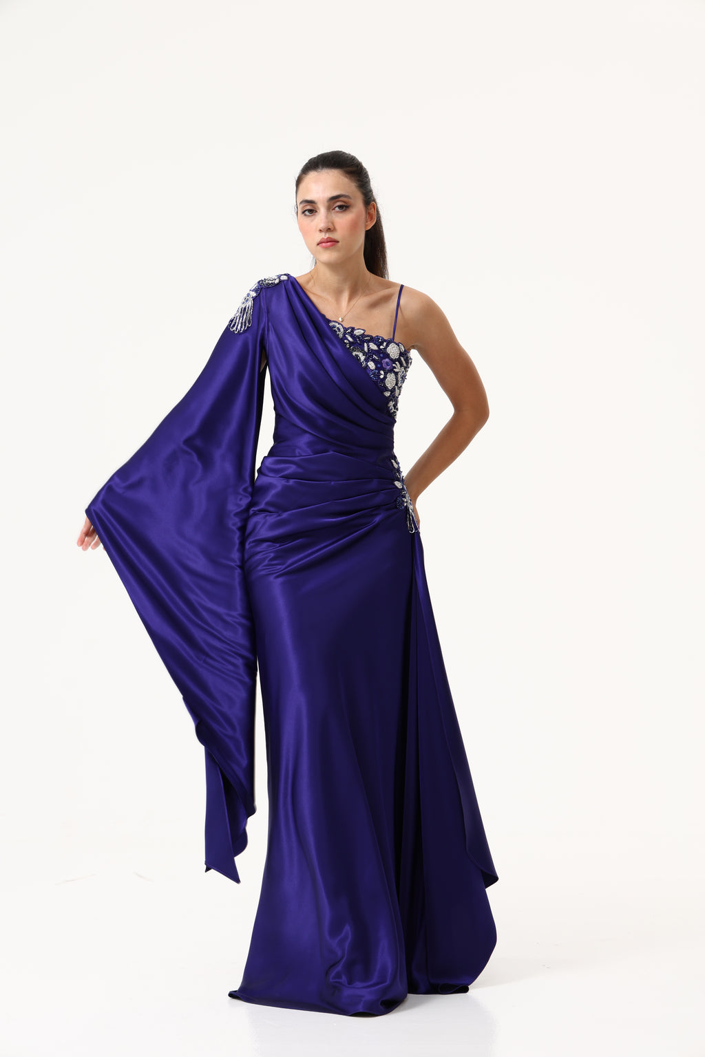 Blue Evening Multi Lyre Dress full length