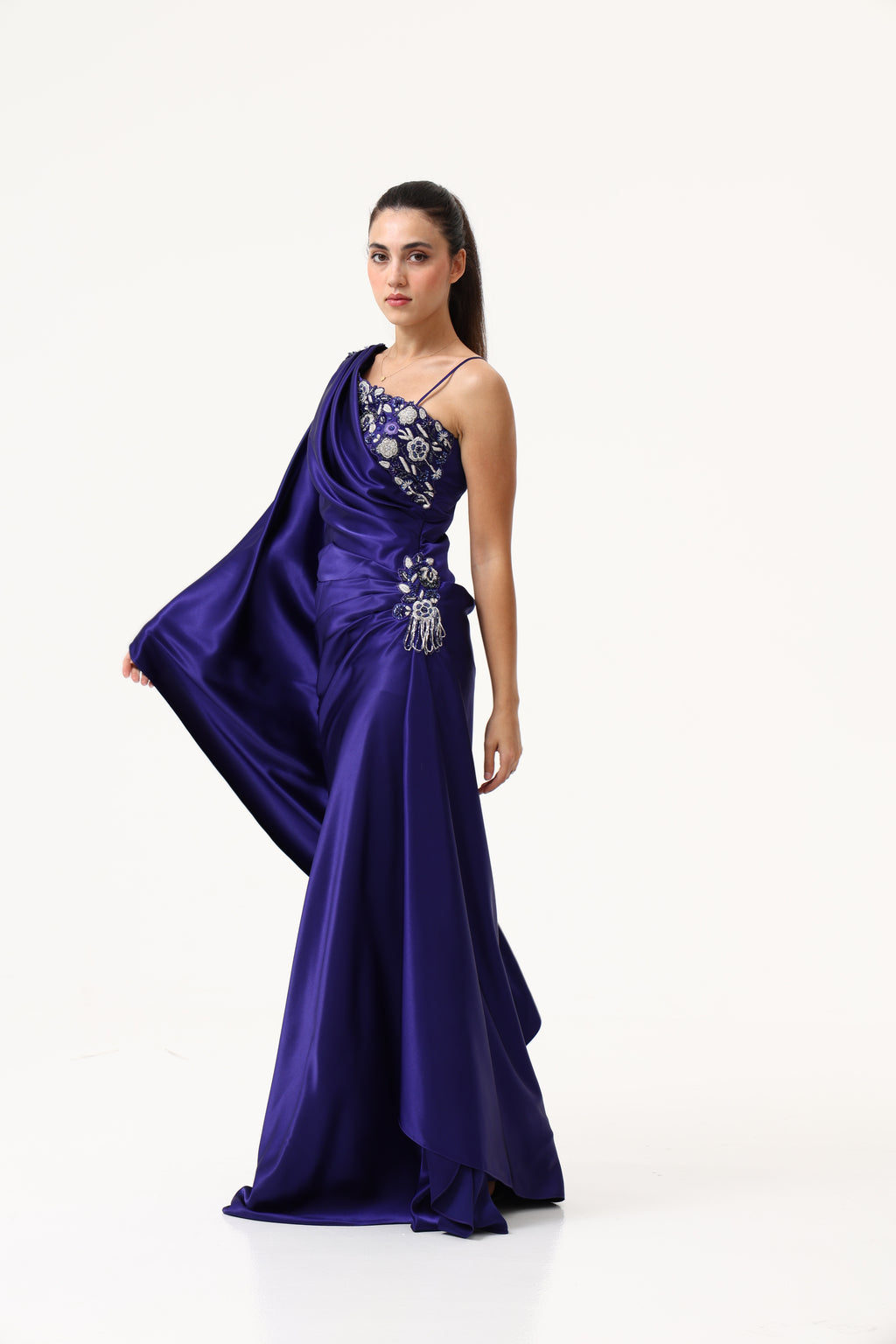 Blue Evening Multi Lyre Dress full length
