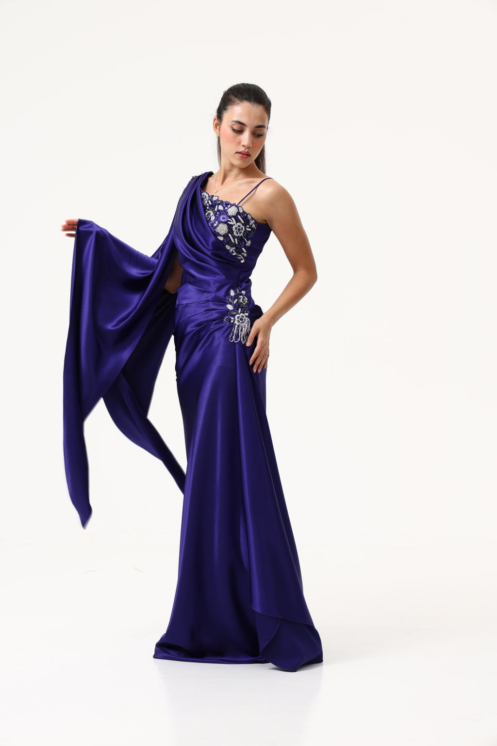 Blue Evening Multi Lyre Dress full length