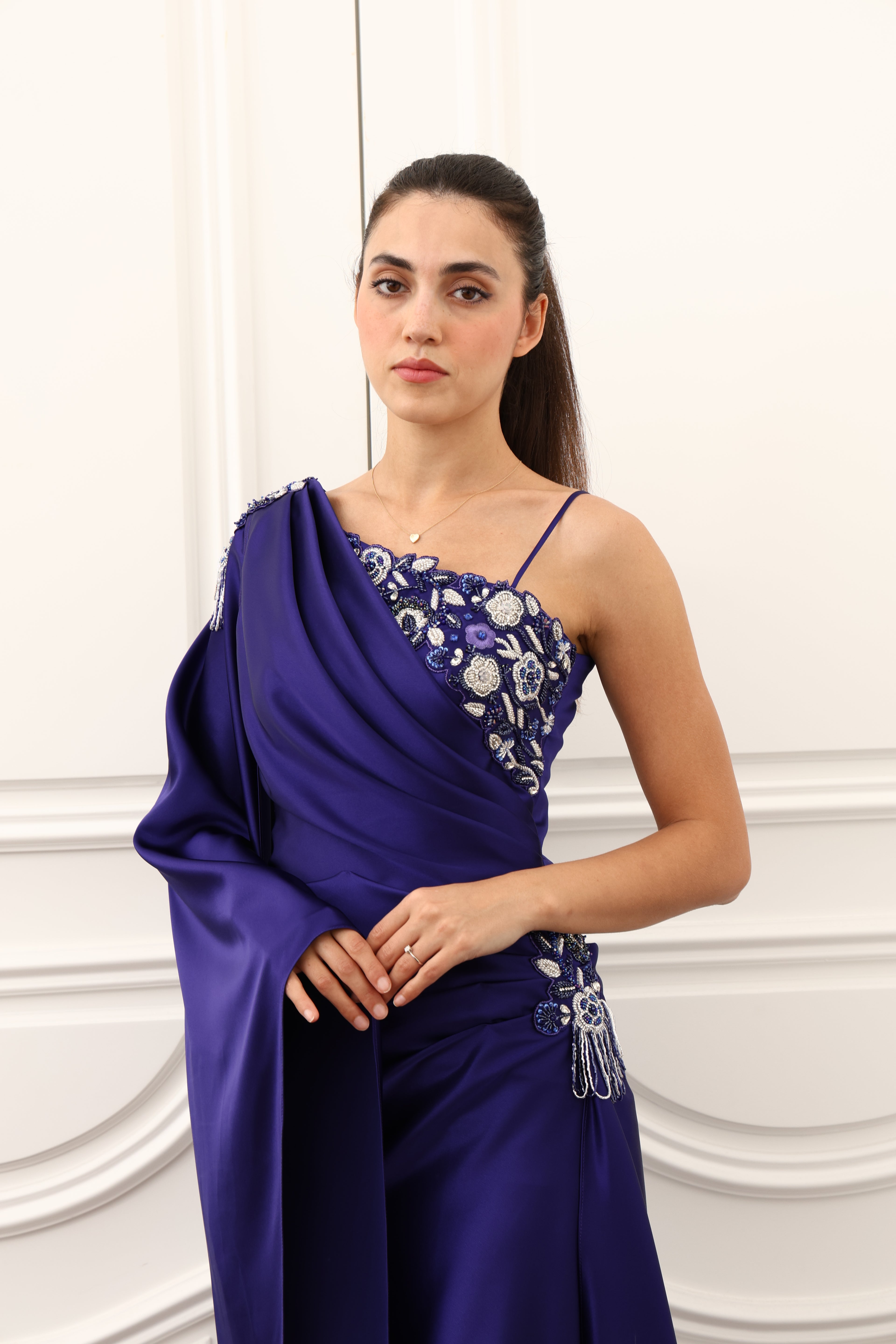 Blue Evening Multi Lyre Dress full length
