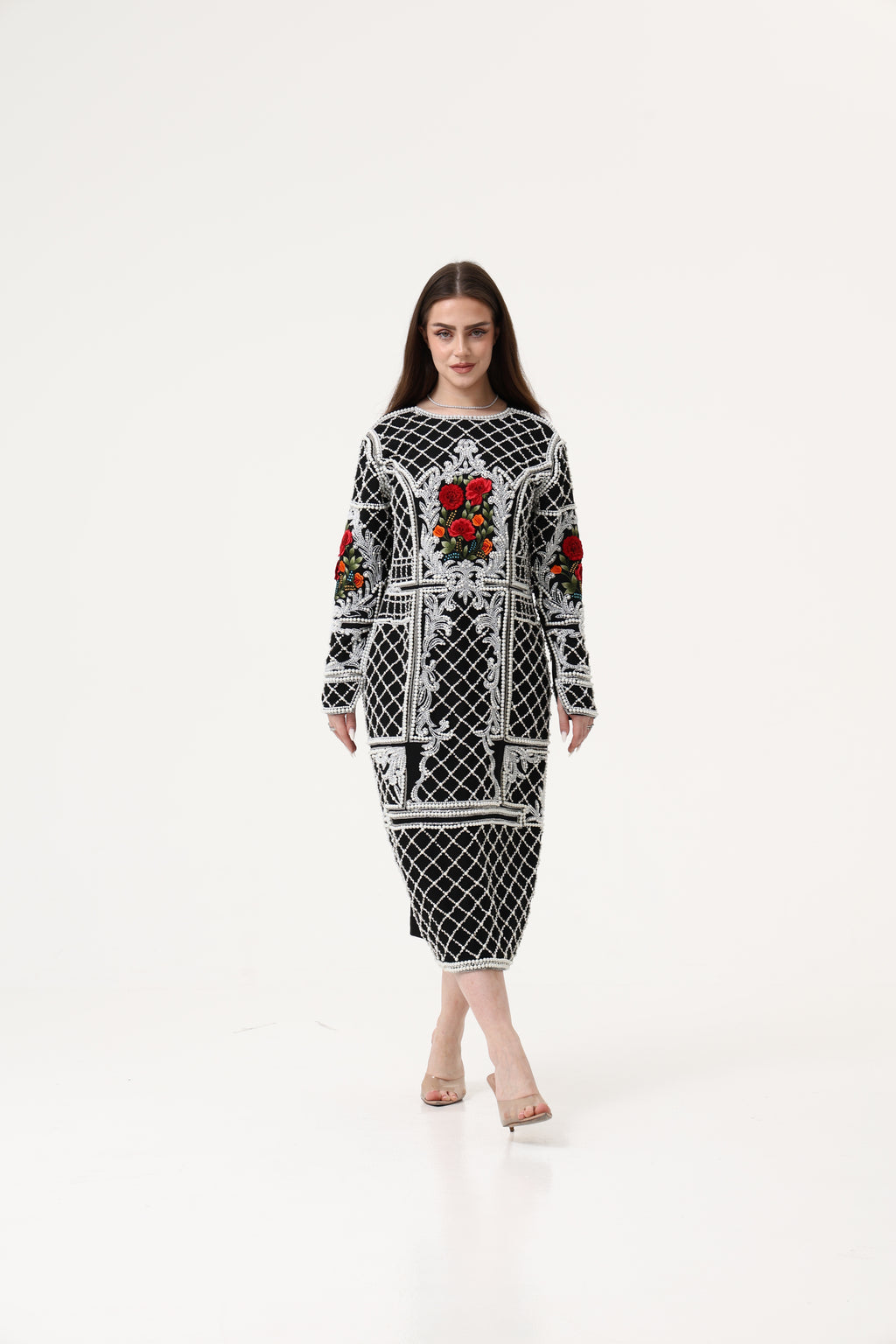 Evening Black Party Dress 3D Heavy Pearl Hand Embroidery