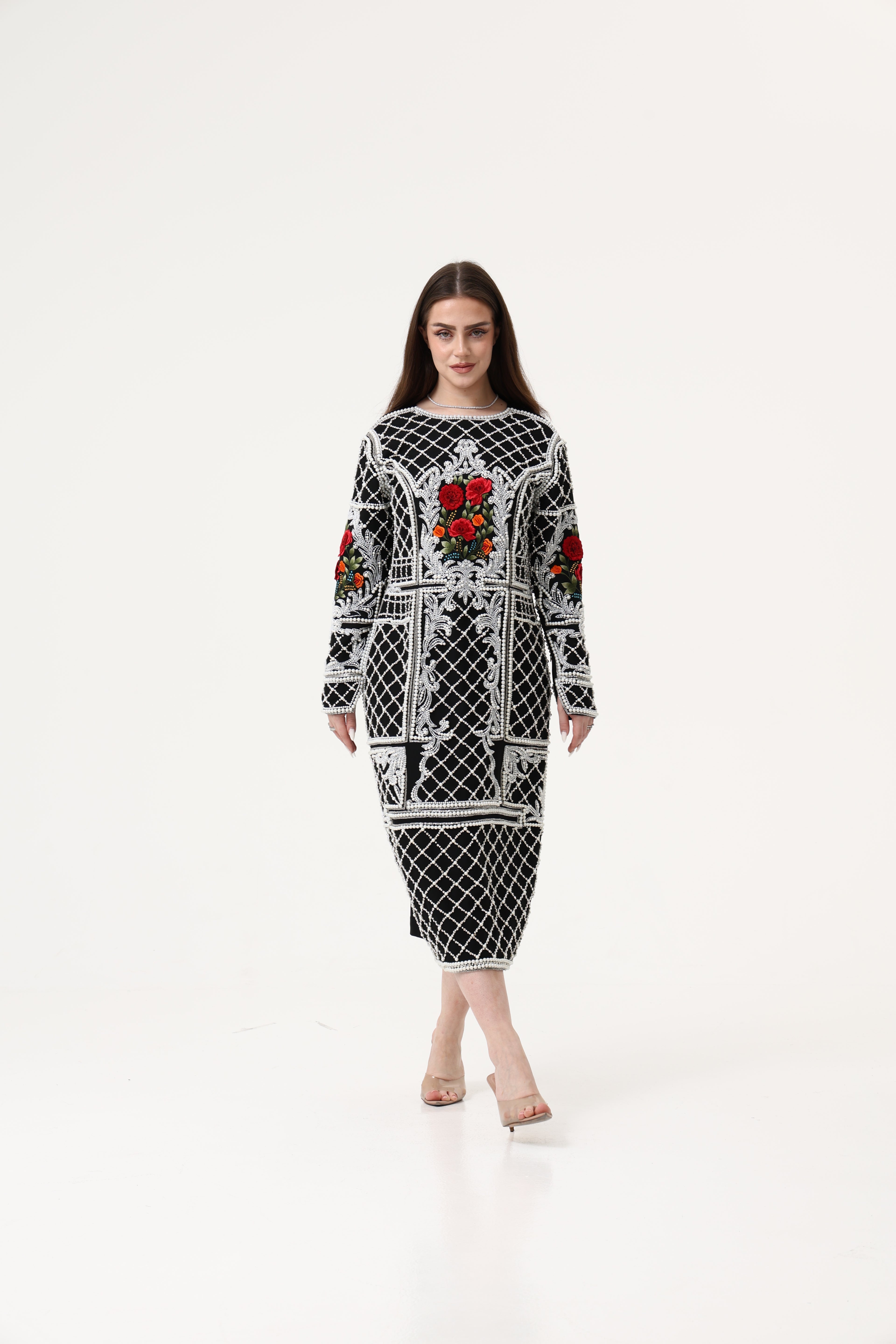 Evening Black Party Dress 3D Heavy Pearl Hand Embroidery