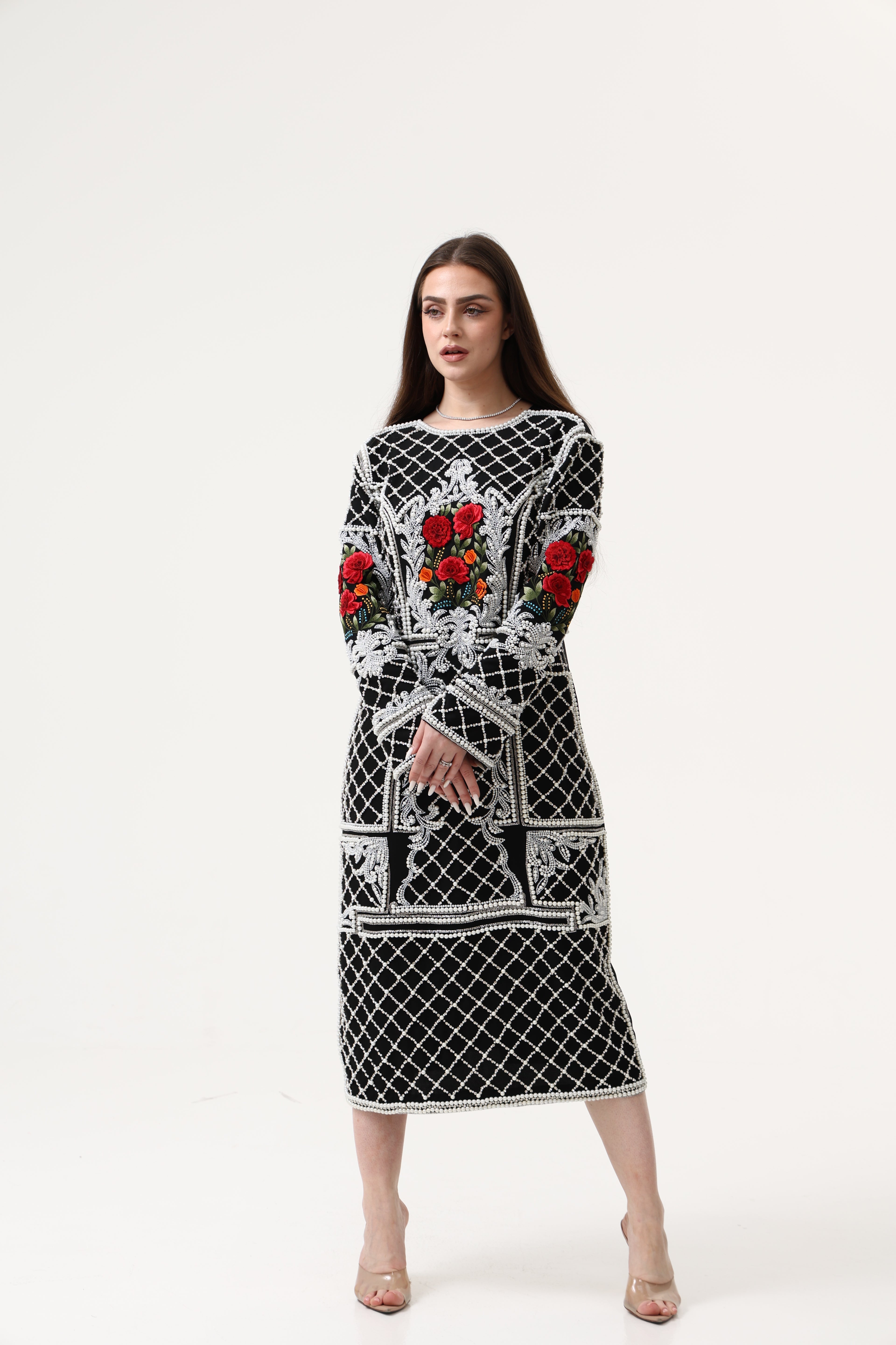Evening Black Party Dress 3D Heavy Pearl Hand Embroidery