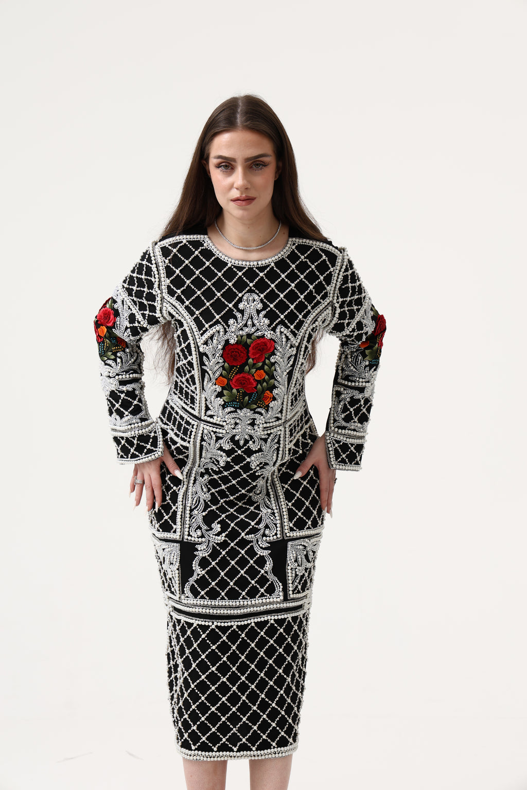 Evening Black Party Dress 3D Heavy Pearl Hand Embroidery