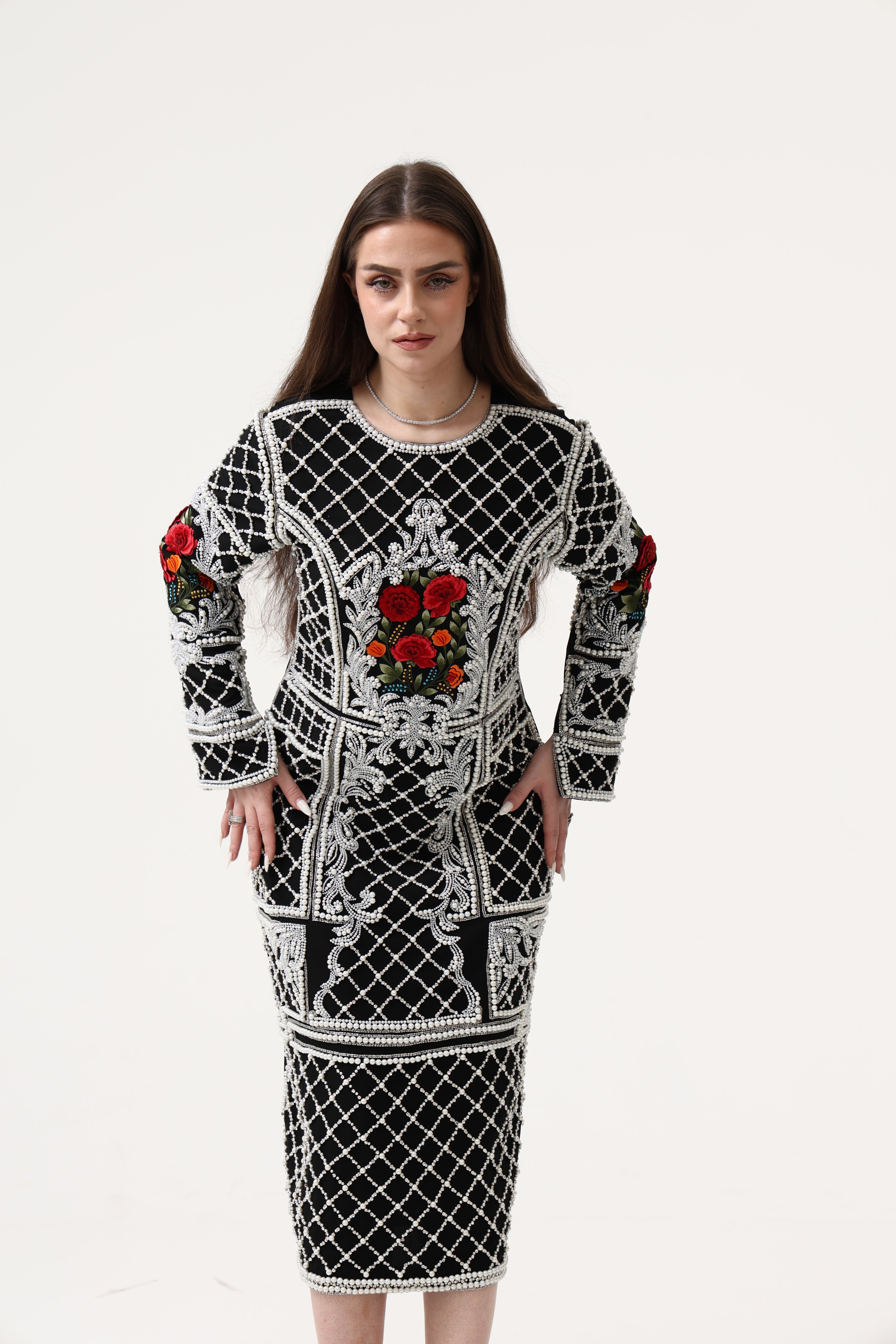 Evening Black Party Dress 3D Heavy Pearl Hand Embroidery