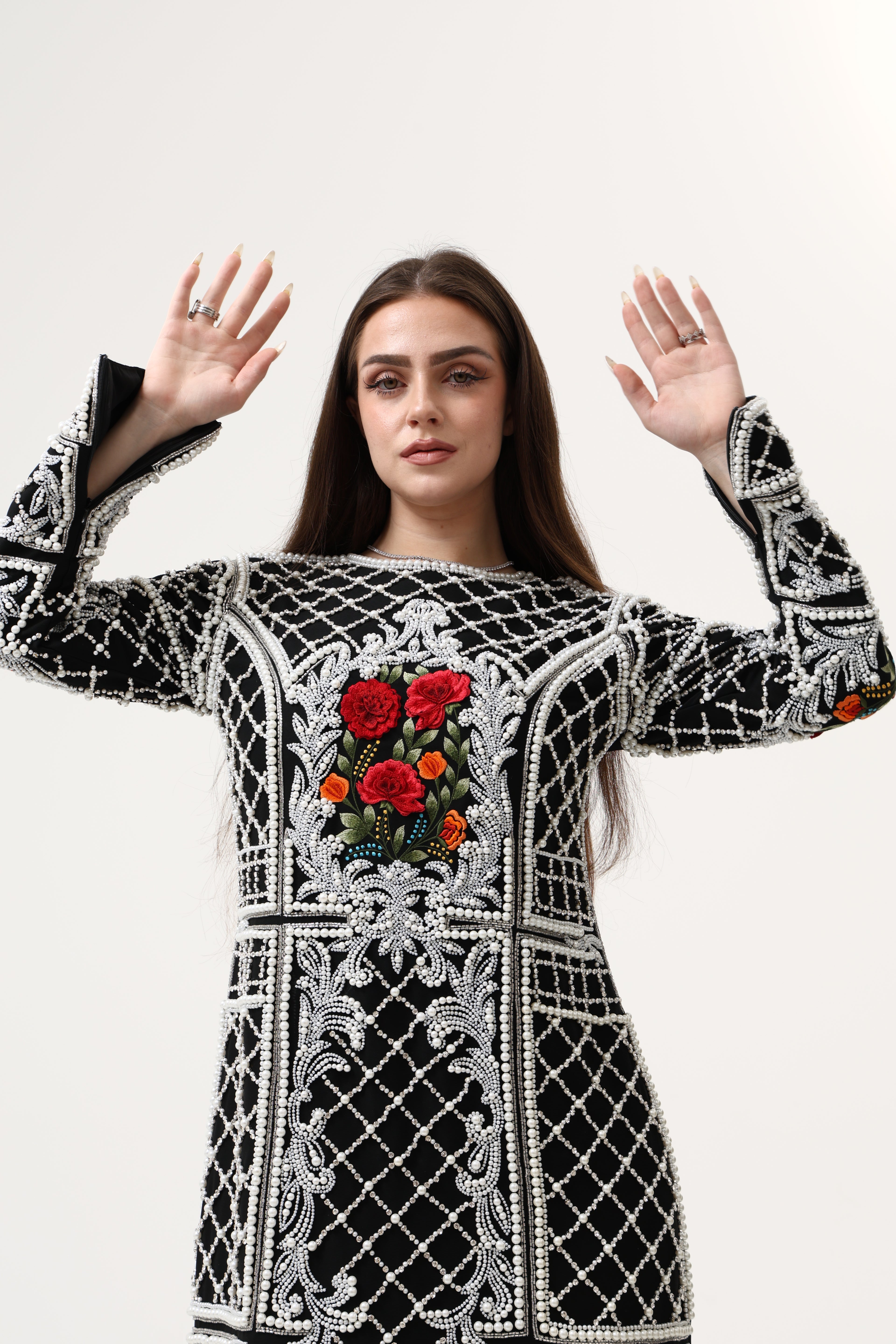 Evening Black Party Dress 3D Heavy Pearl Hand Embroidery