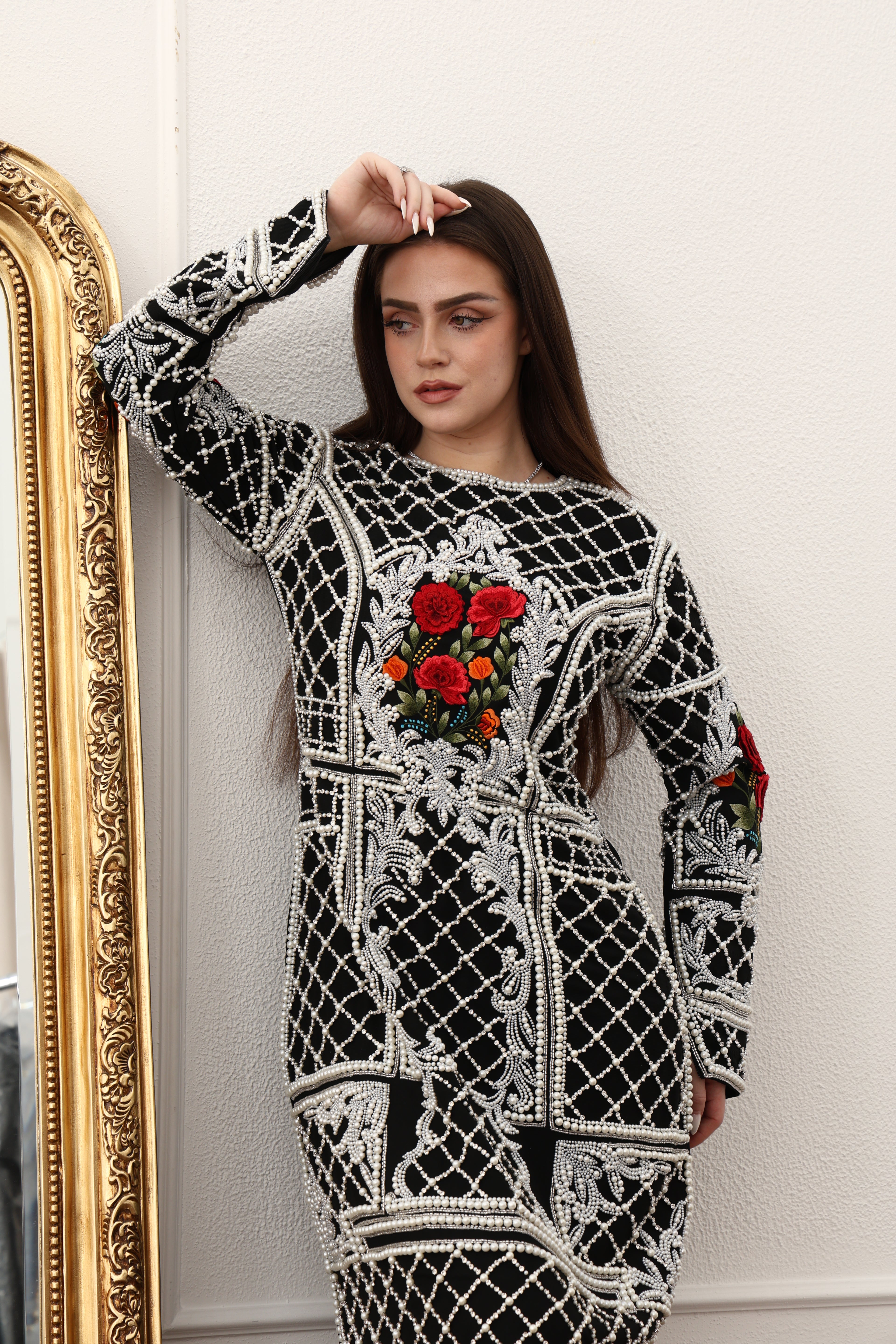 Evening Black Party Dress 3D Heavy Pearl Hand Embroidery