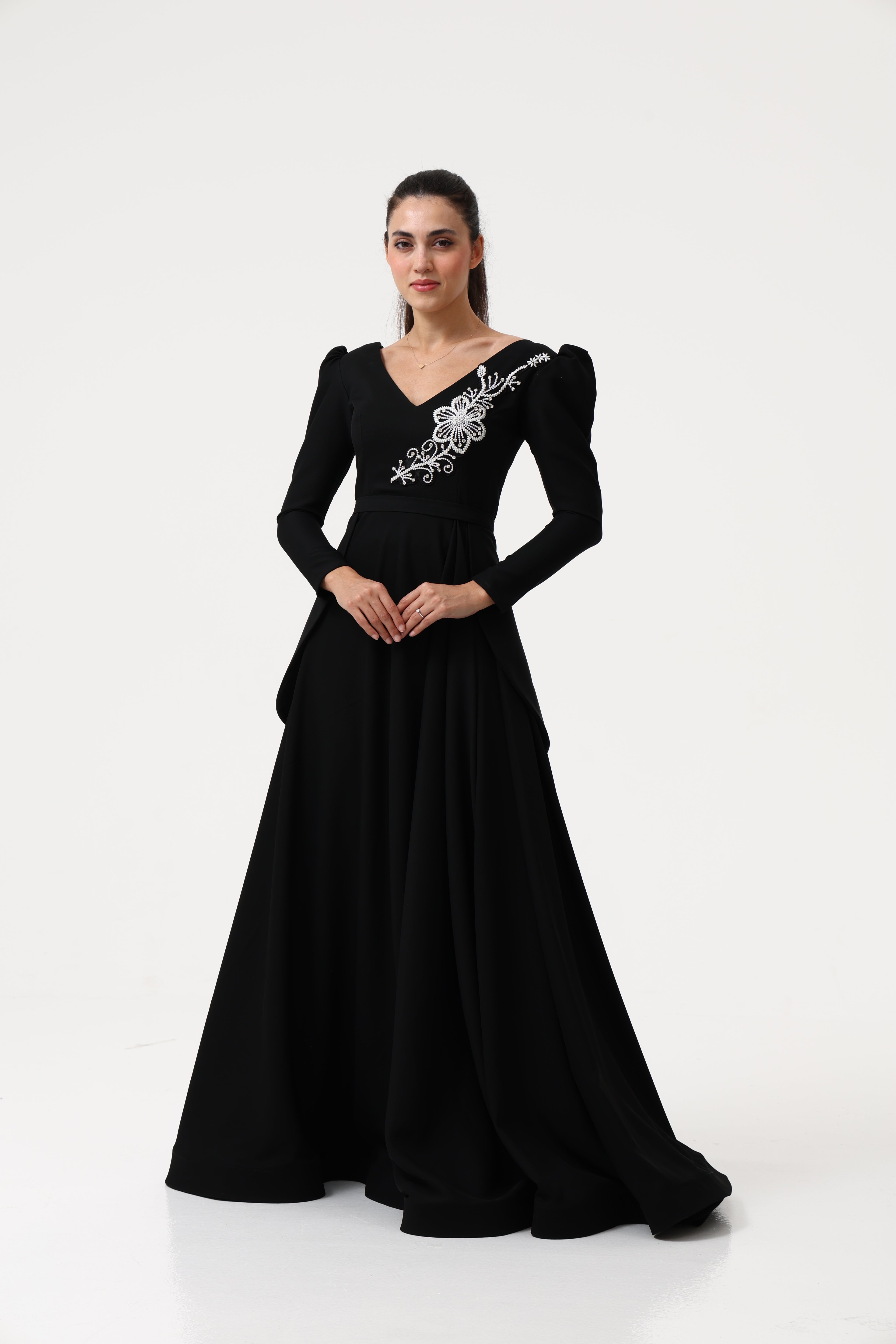 Black Party Dress with Hand Embroidery
