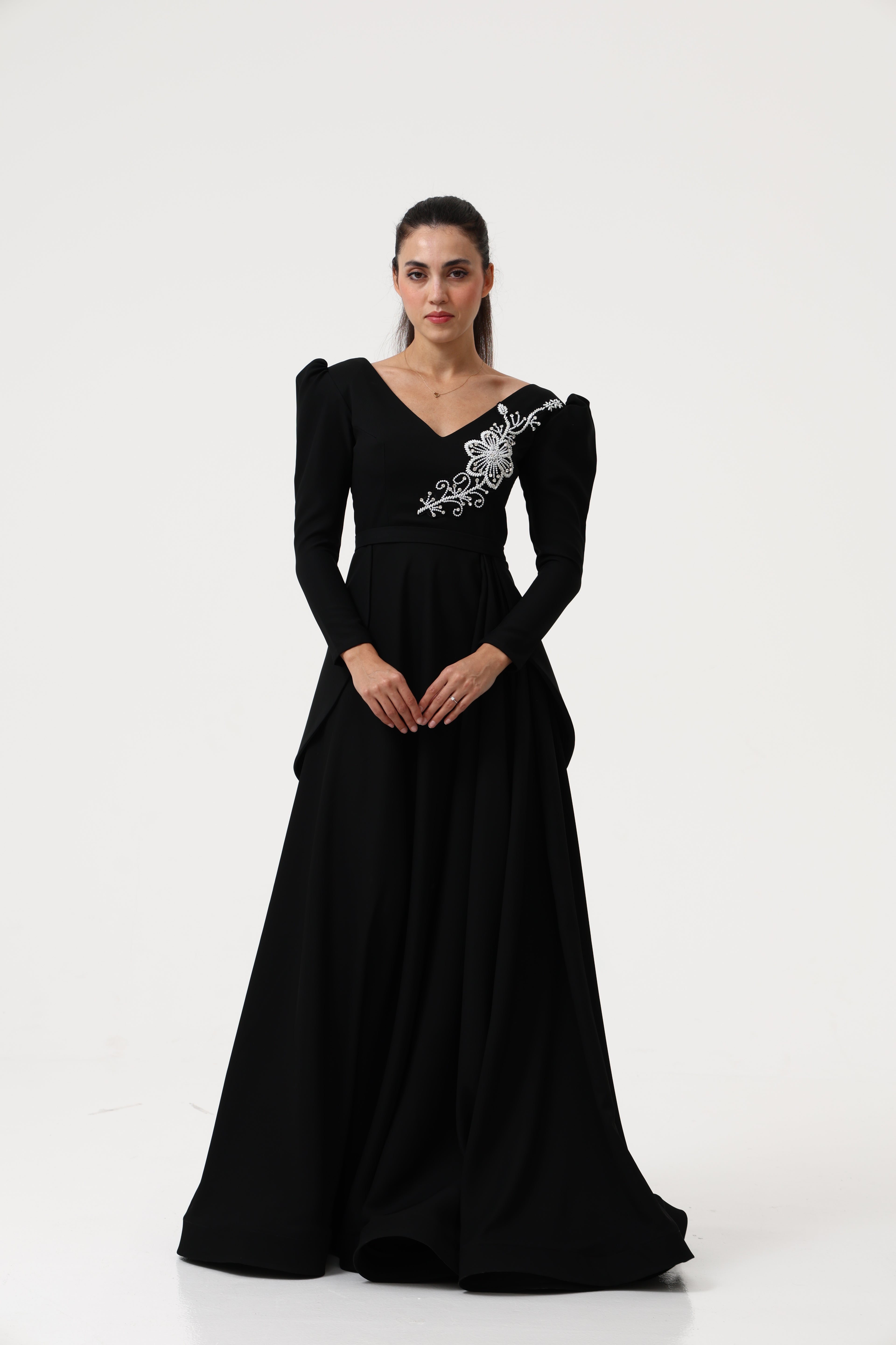 Black Party Dress with Hand Embroidery