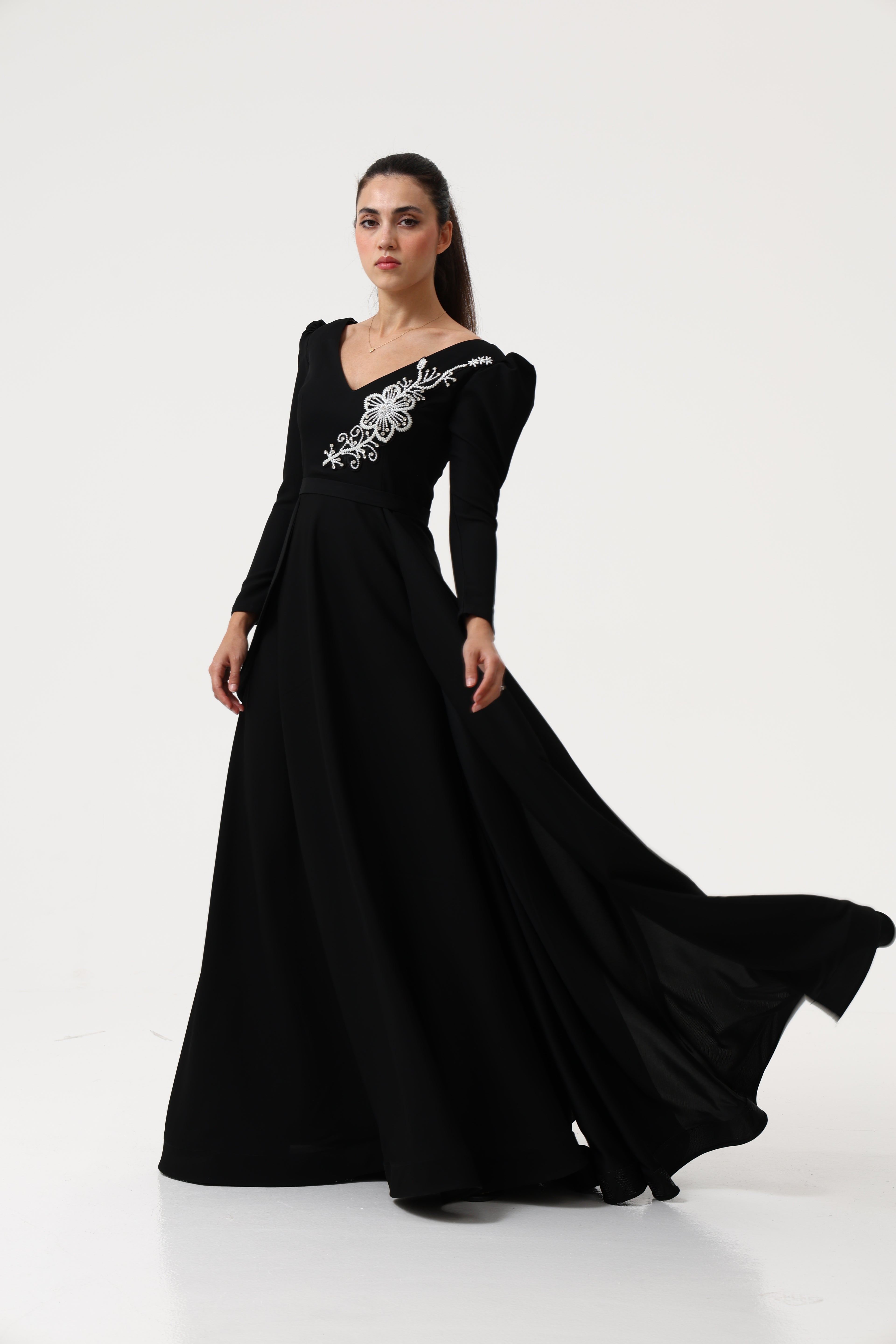 Black Party Dress with Hand Embroidery