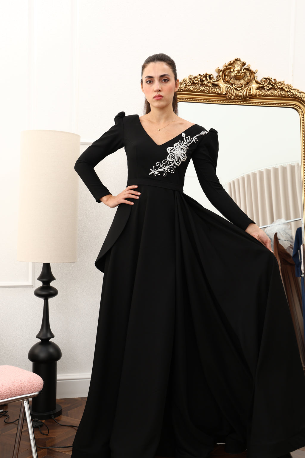 Black Party Dress with Hand Embroidery