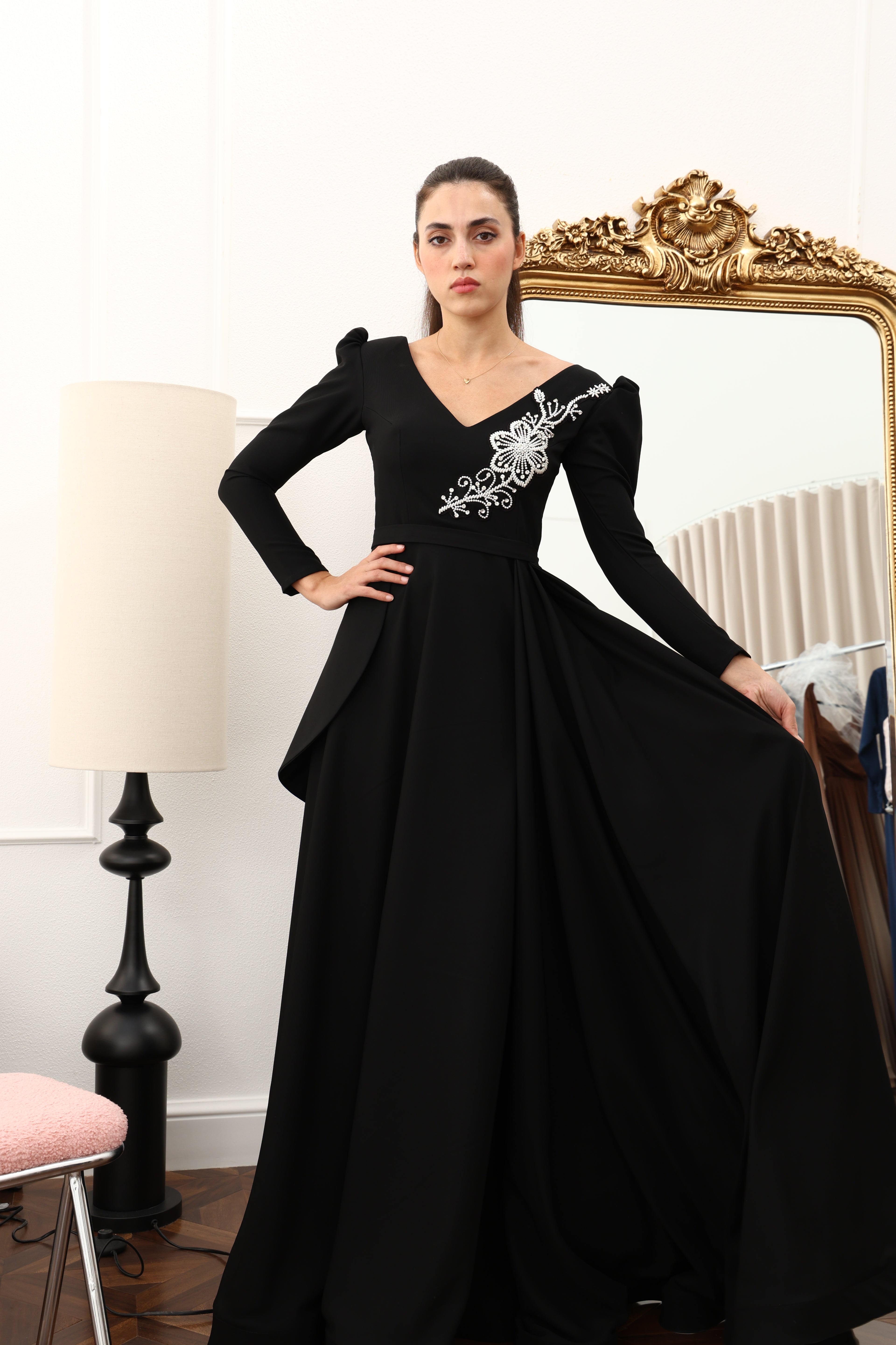Black Party Dress with Hand Embroidery