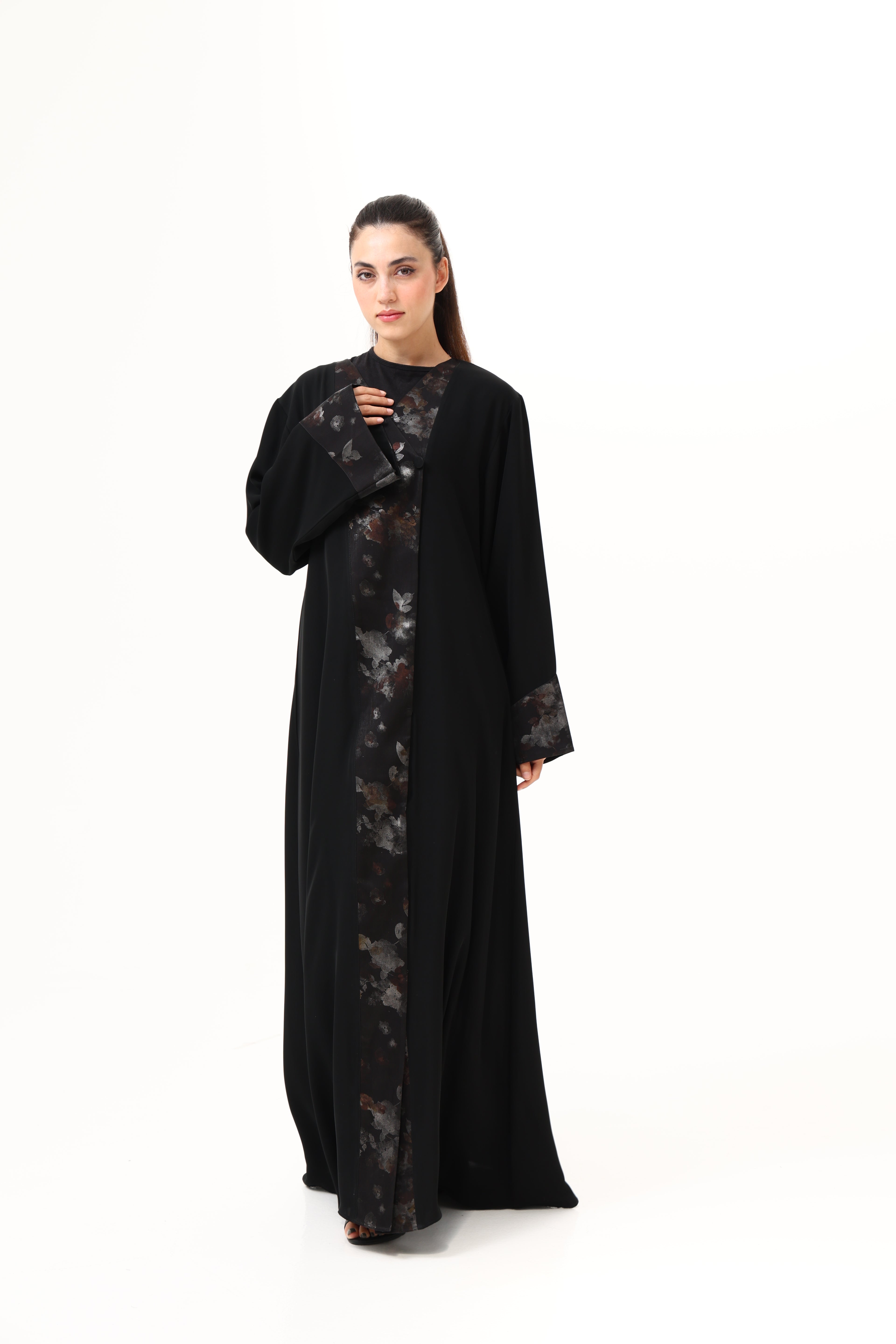 Desginer Abaya with Printed Front Leap and sleeves