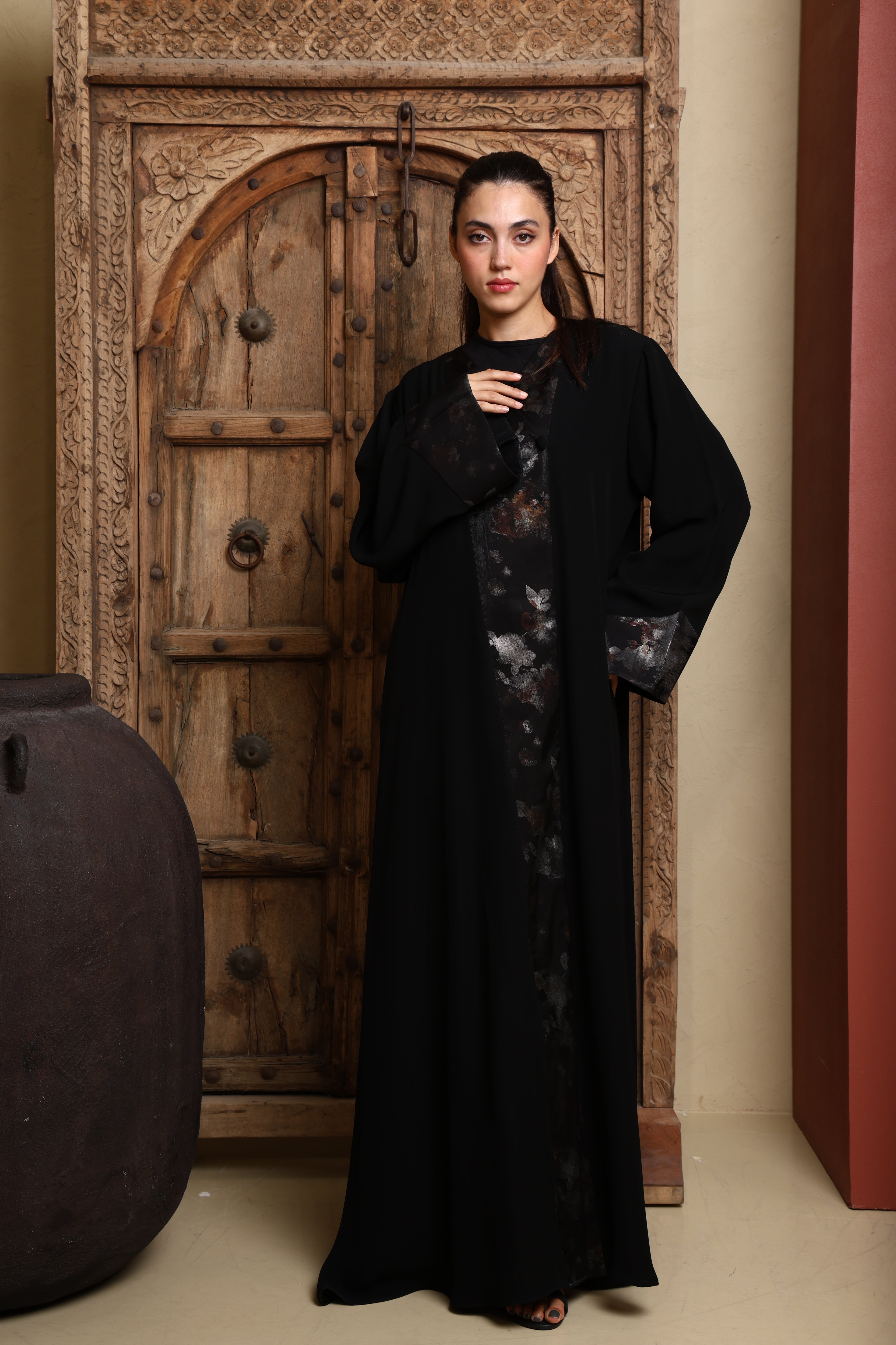 Desginer Abaya with Printed Front Leap and sleeves