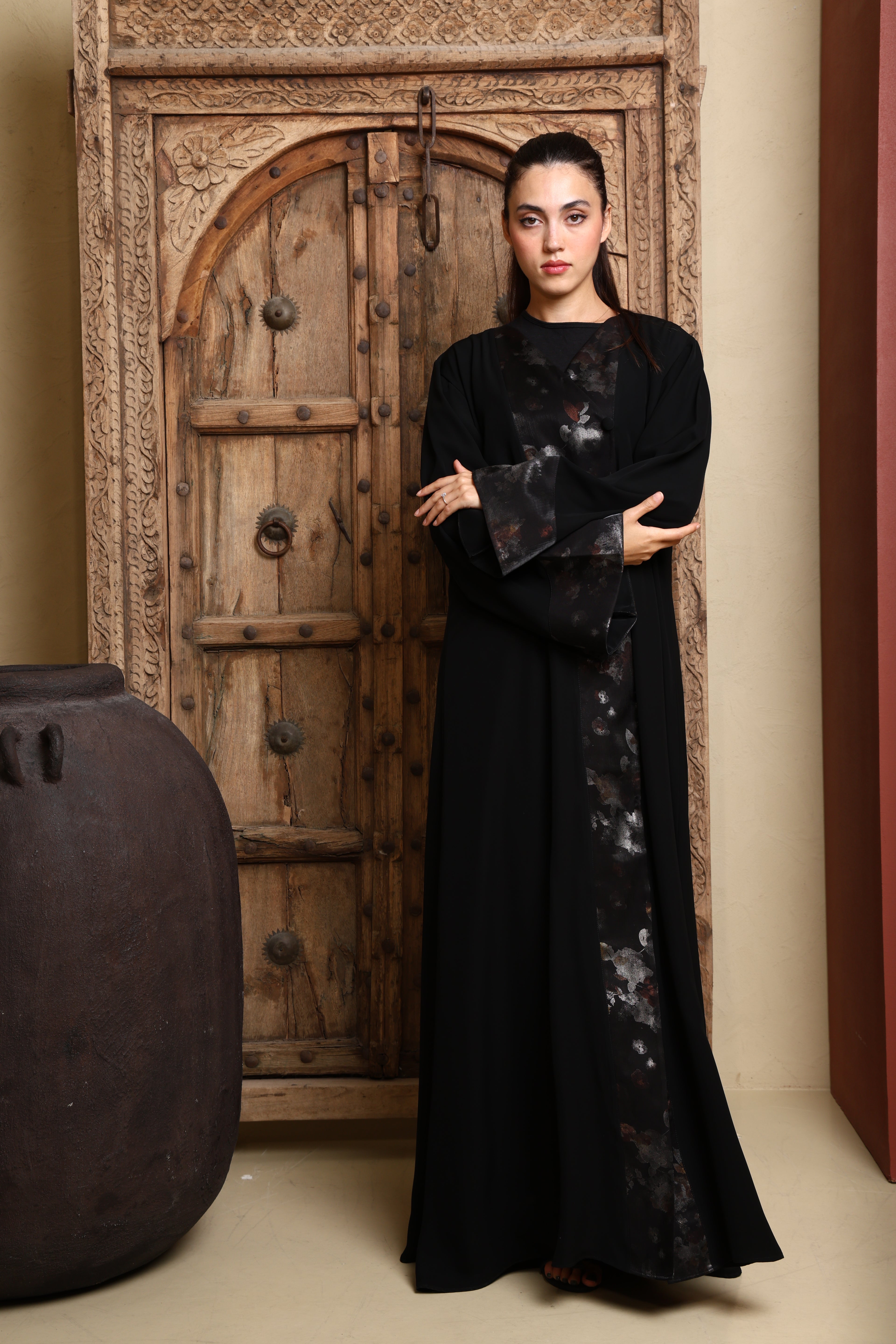 Desginer Abaya with Printed Front Leap and sleeves