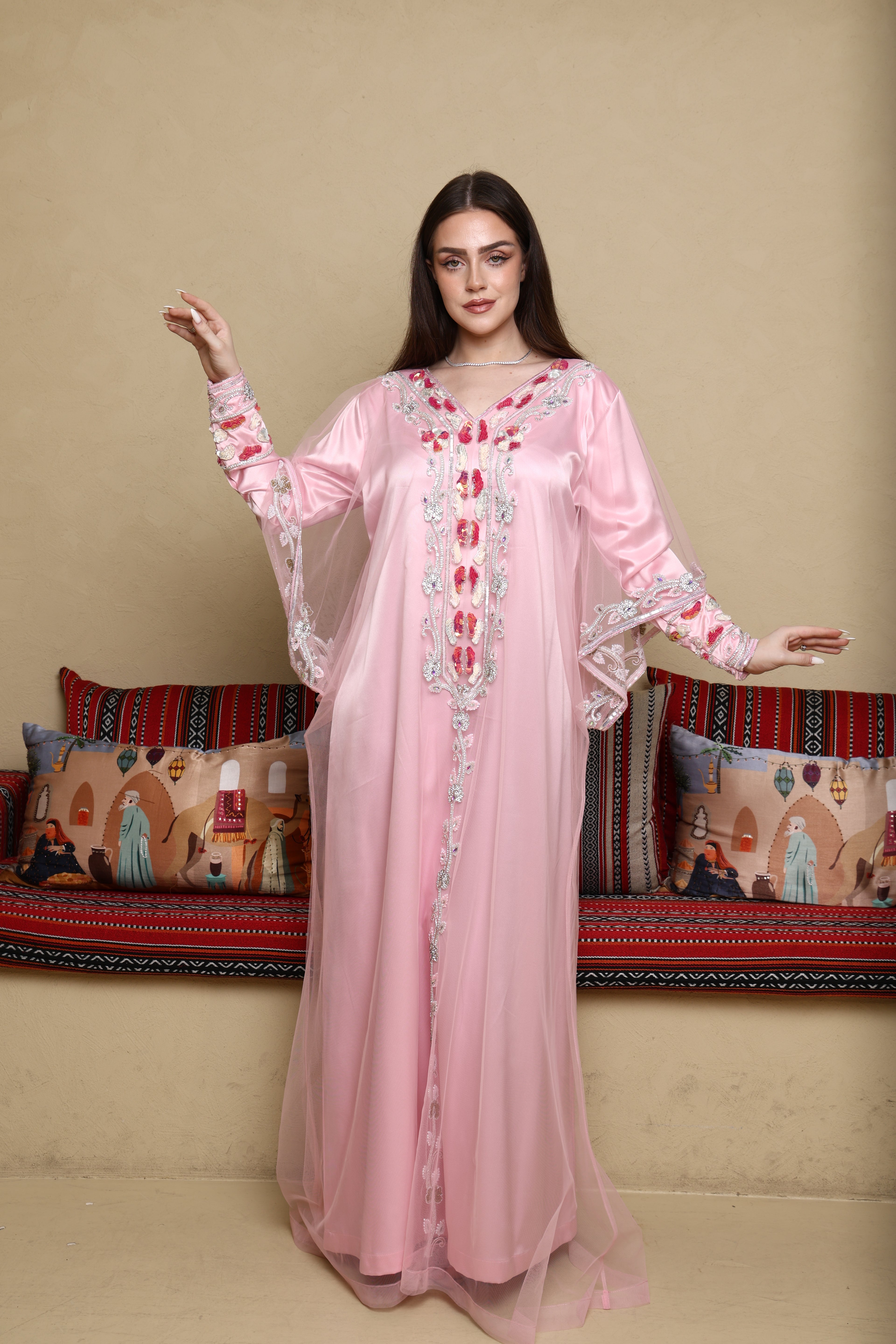 Custom Embroidery Evening Pink Party Dress