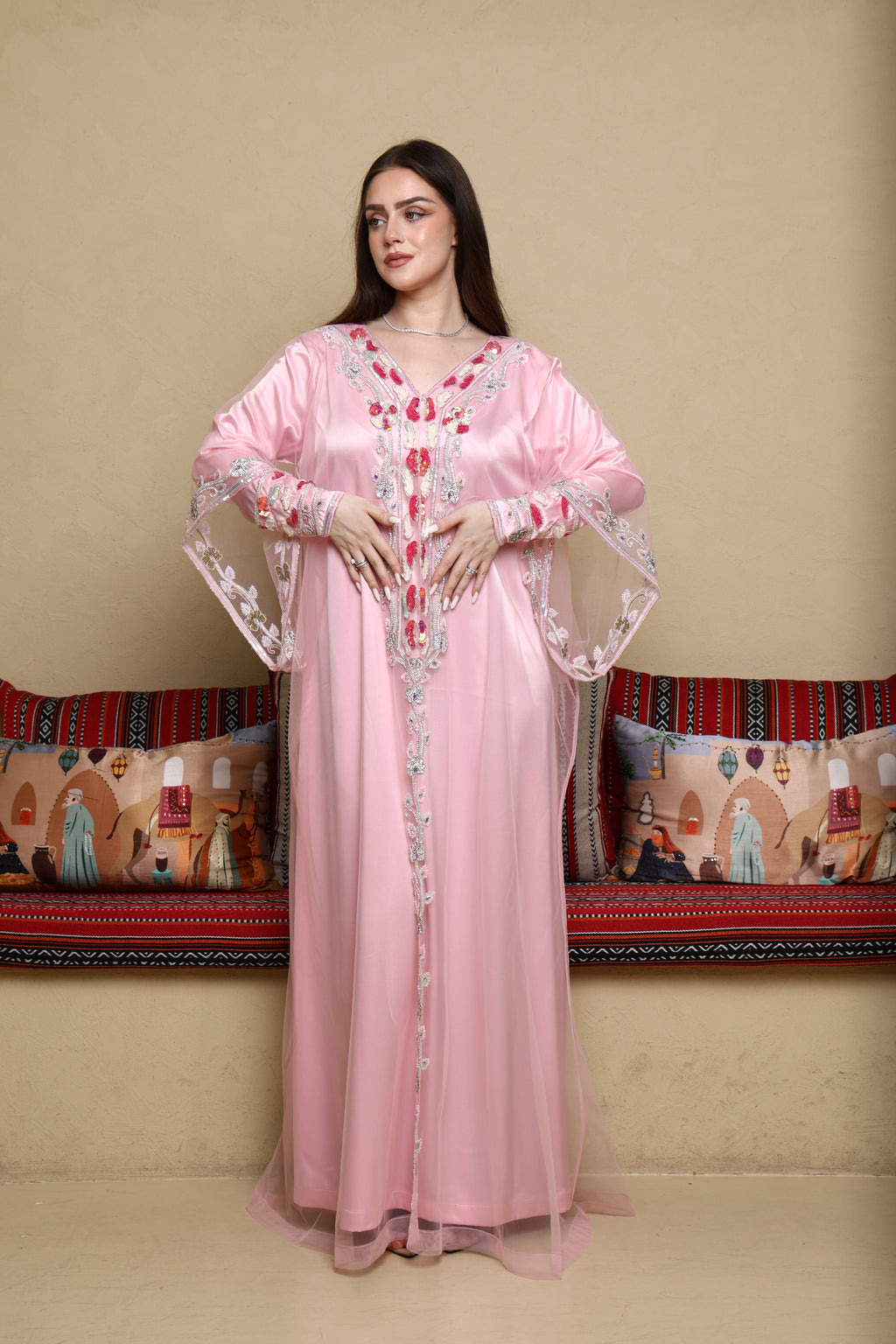Custom Embroidery Evening Pink Party Dress
