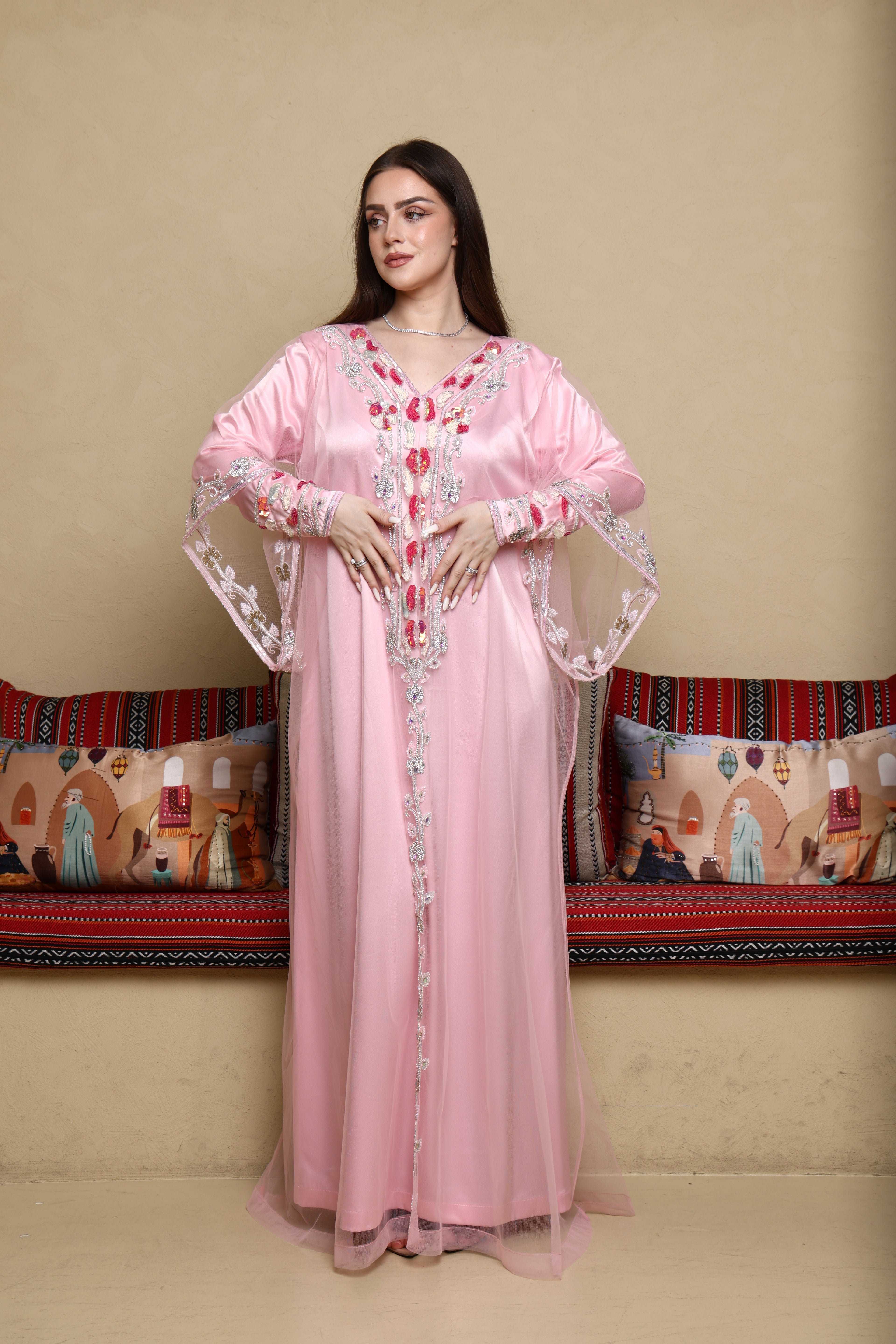 Custom Embroidery Evening Pink Party Dress