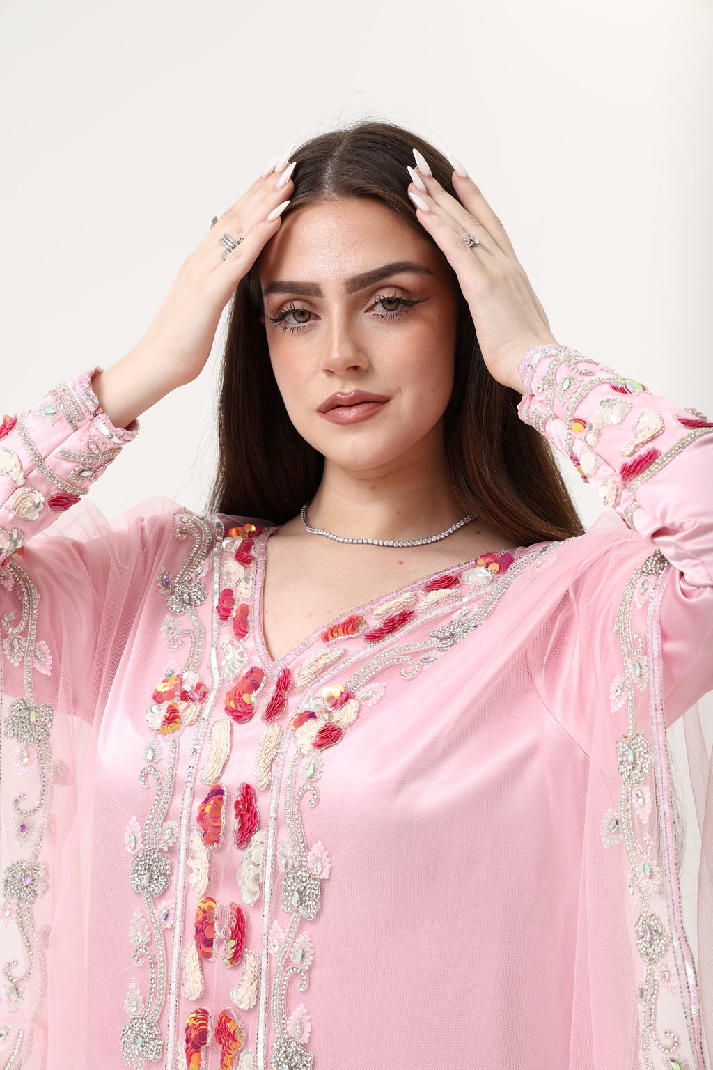 Custom Embroidery Evening Pink Party Dress