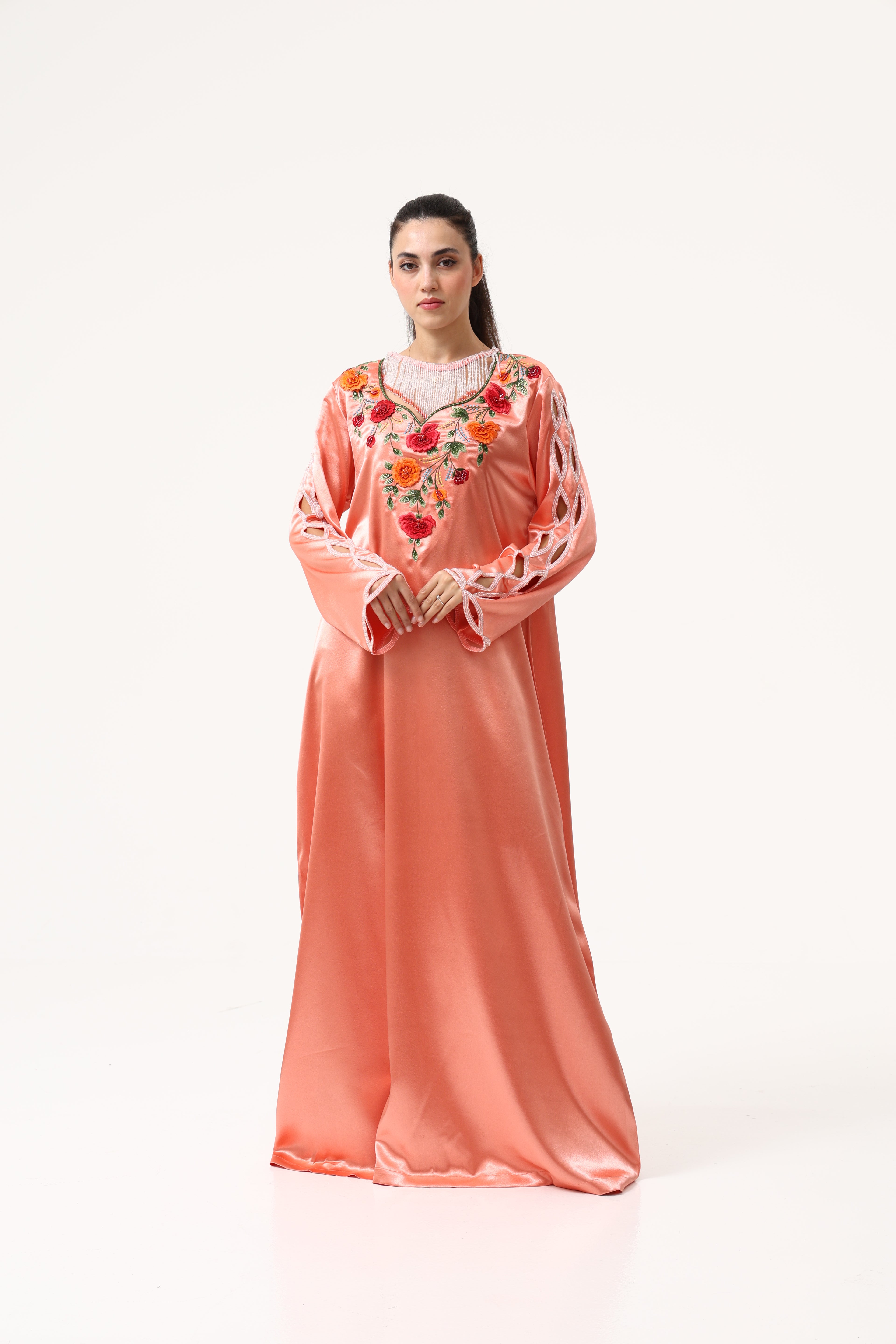 Orange Custom 3D Hand Embroidery Jellabiya