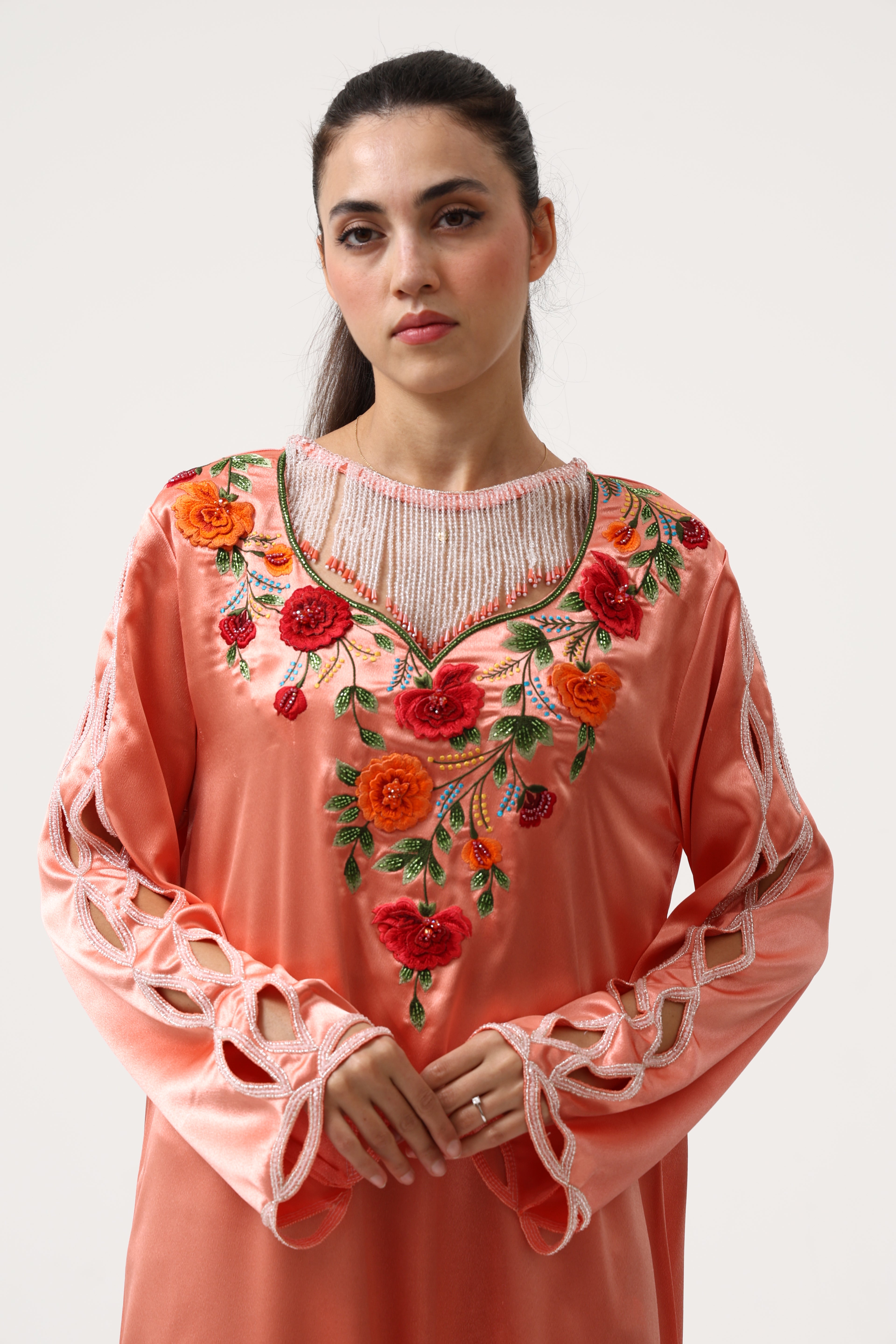 Orange Custom 3D Hand Embroidery Jellabiya