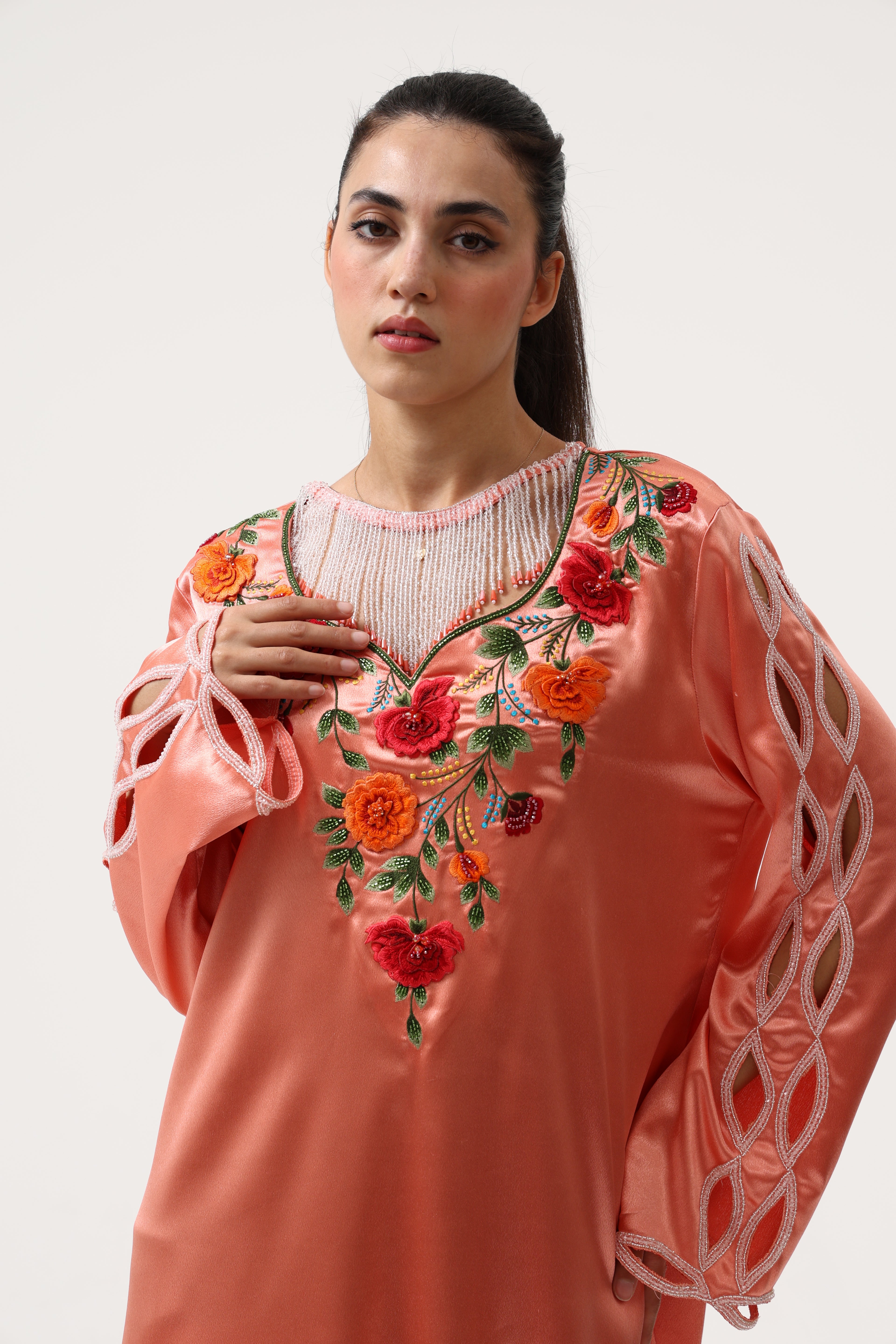 Orange Custom 3D Hand Embroidery Jellabiya