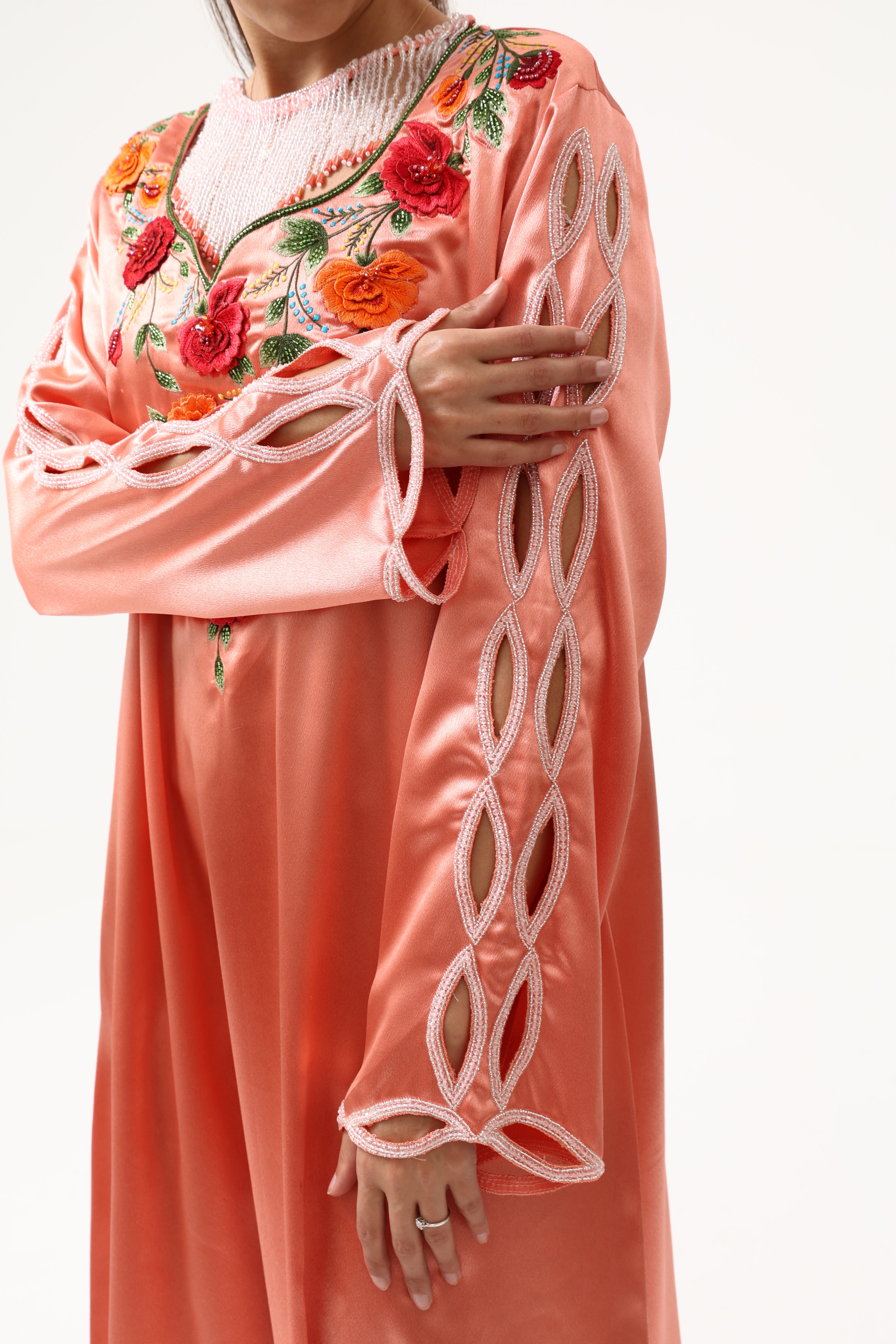 Orange Custom 3D Hand Embroidery Jellabiya