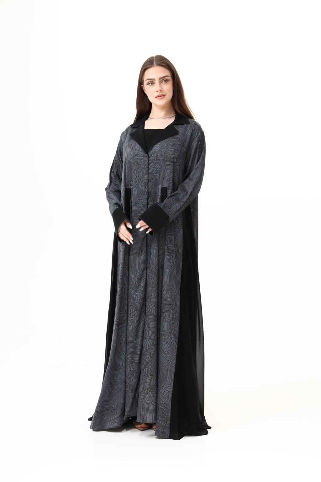 Desginer Abaya self Printed Coat Collar with Front Pockets