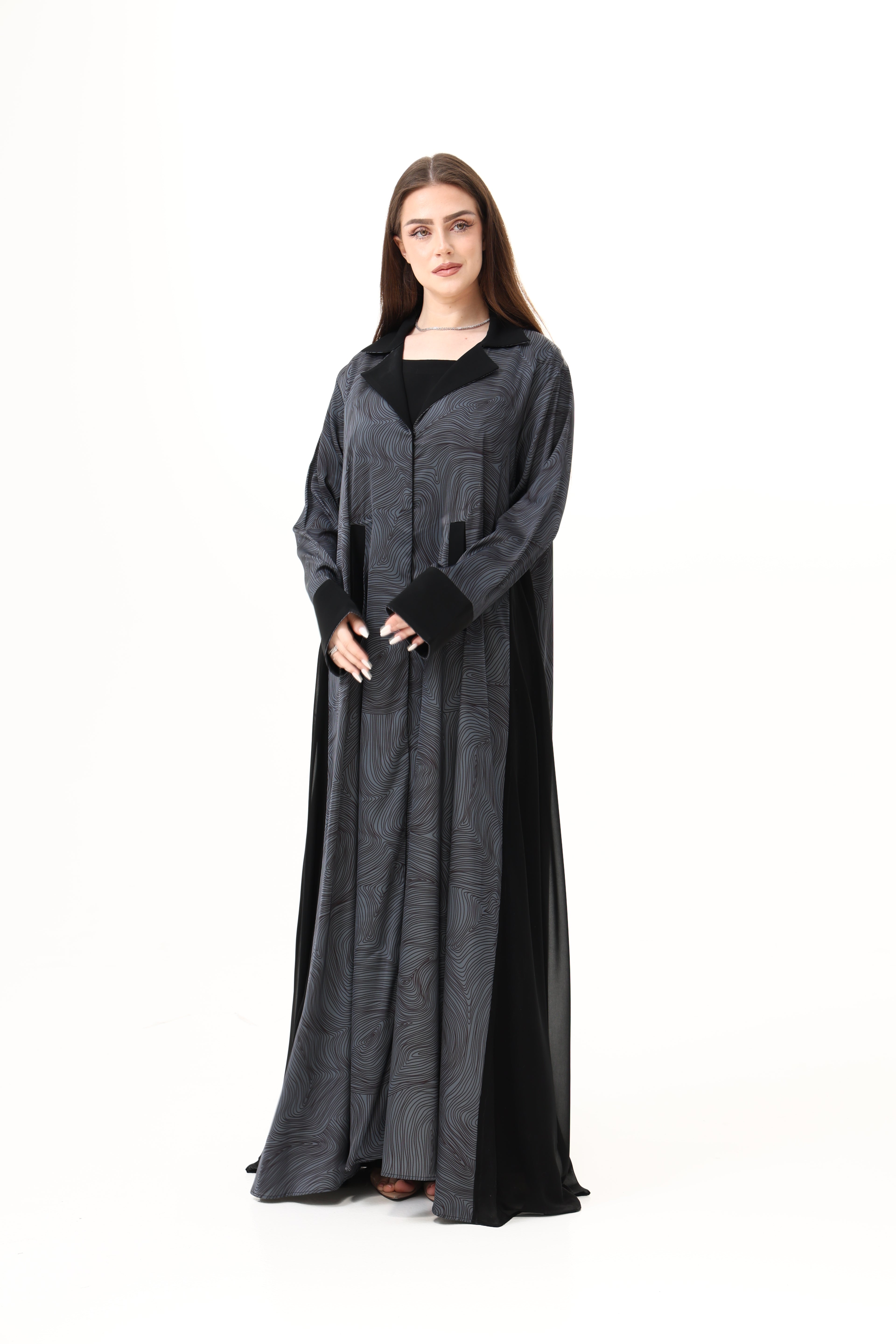 Desginer Abaya self Printed Coat Collar with Front Pockets