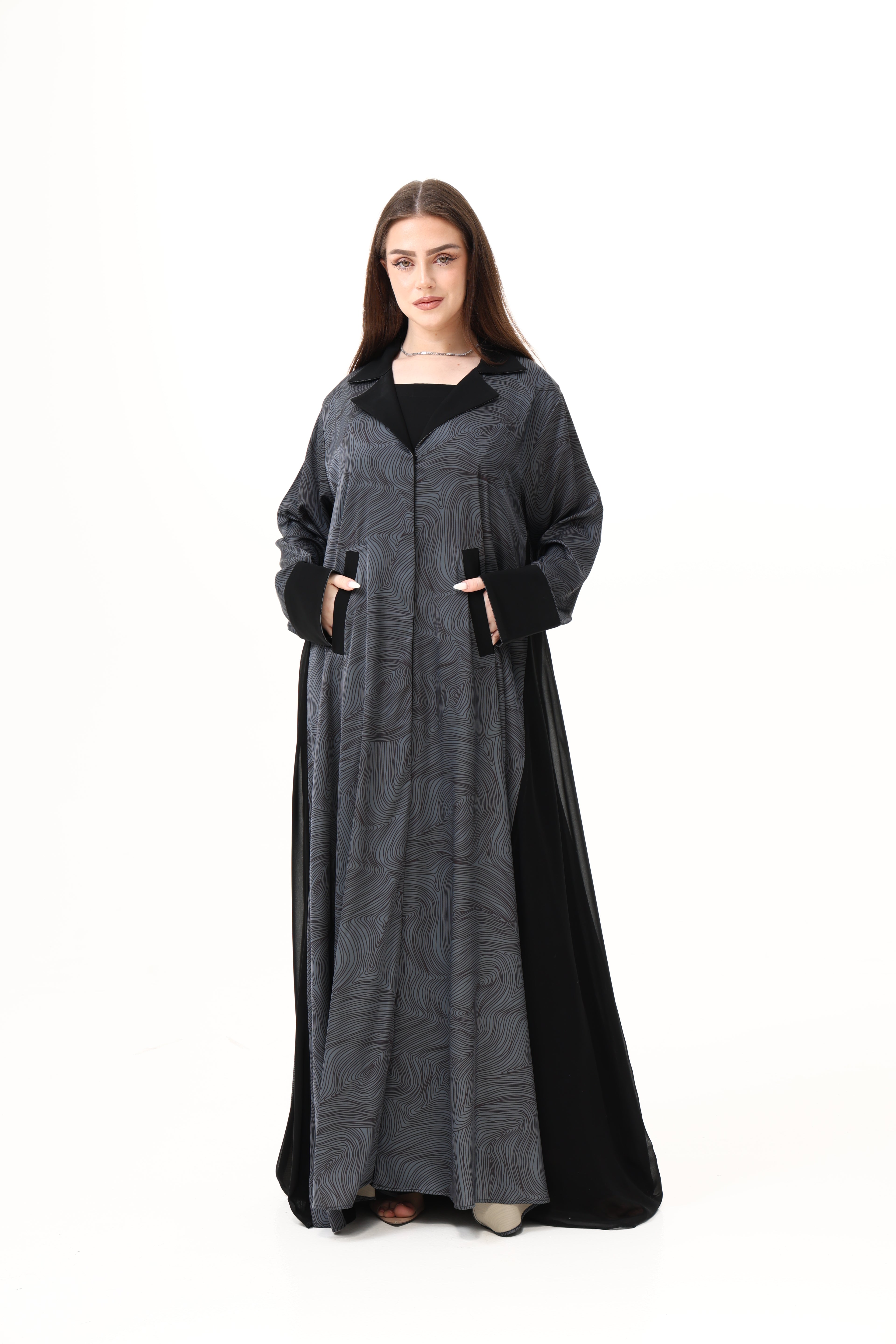 Desginer Abaya self Printed Coat Collar with Front Pockets