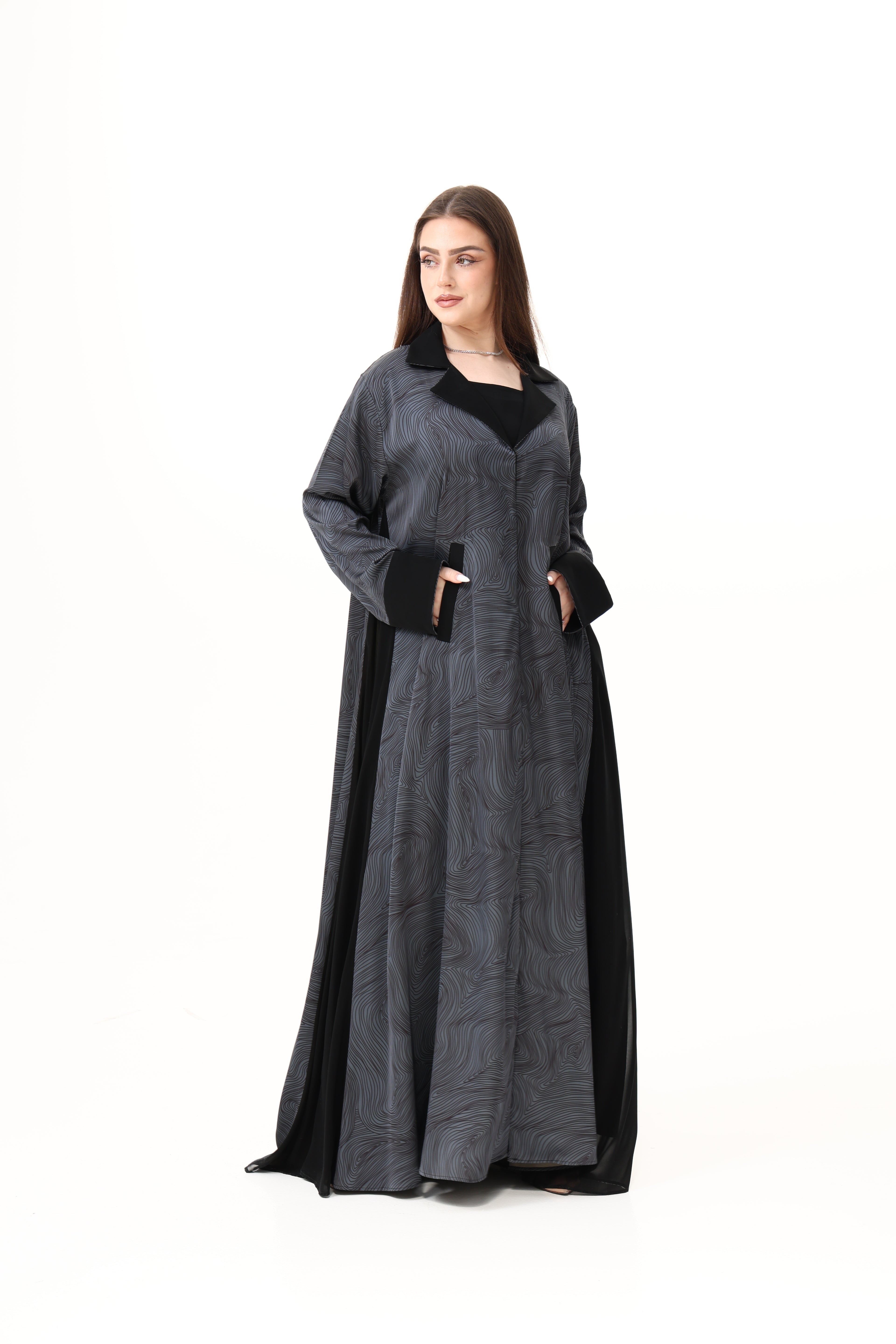 Desginer Abaya self Printed Coat Collar with Front Pockets