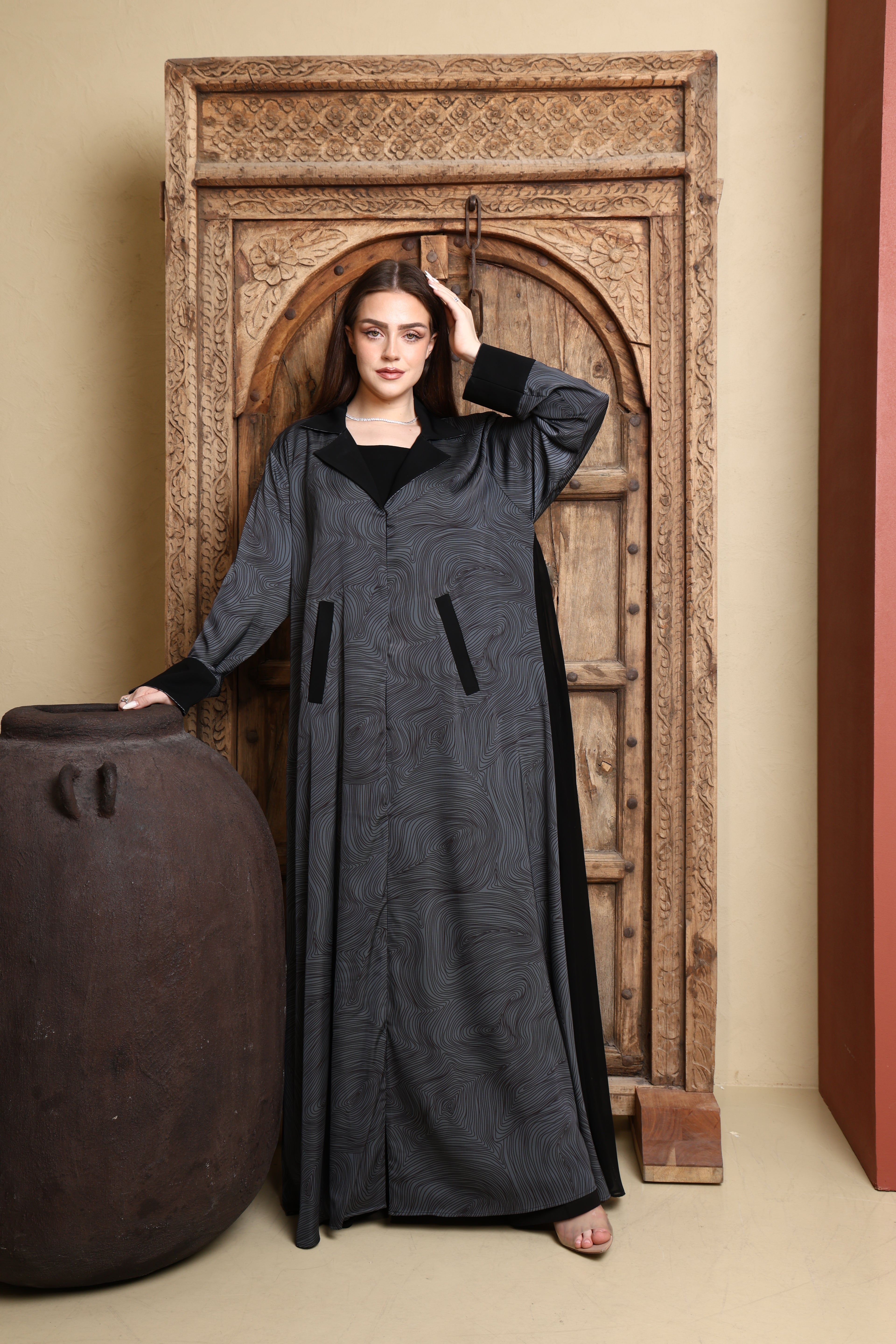 Desginer Abaya self Printed Coat Collar with Front Pockets
